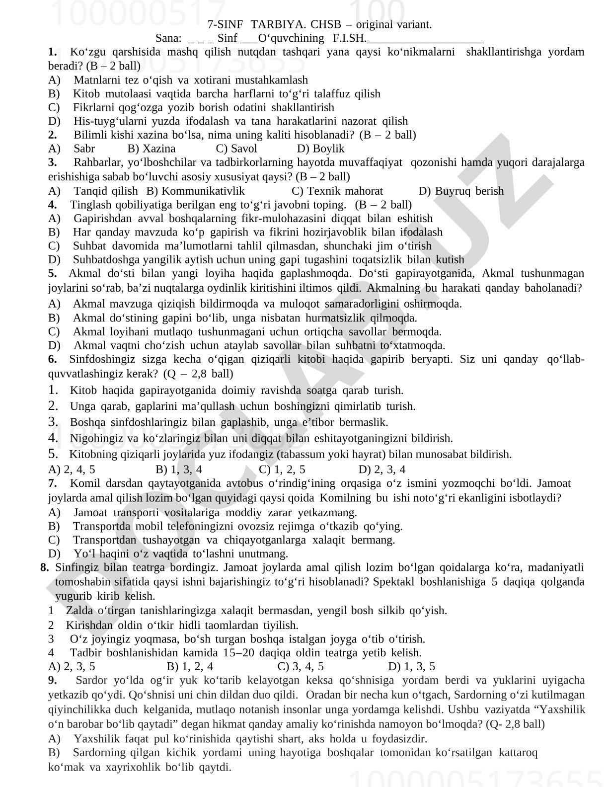 7-sinf Tarbiya fanidan CHSB original variant test savollari