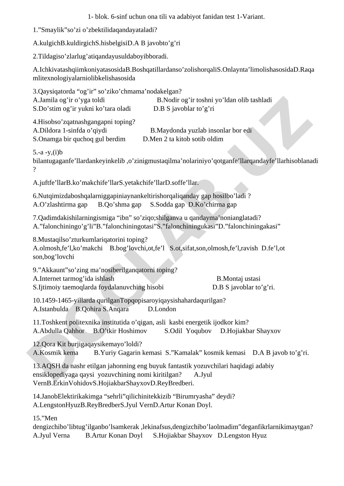 6-sinf ona tili va adabiyot fanidan 1-variant test savollari