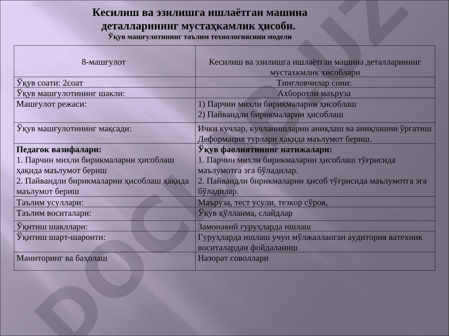 Кесилиш ва эзилишга ишлаётган машина деталларининг мустаҳкамлик ҳисоби