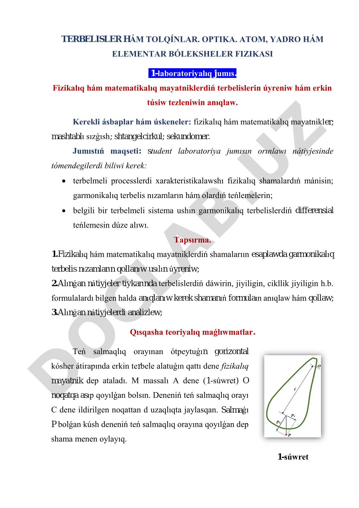 Fizikalıq hám matematikalıq mayatniklerdiń terbelislerin úyreniw hám erkin túsiw tezleniwin anıqlaw