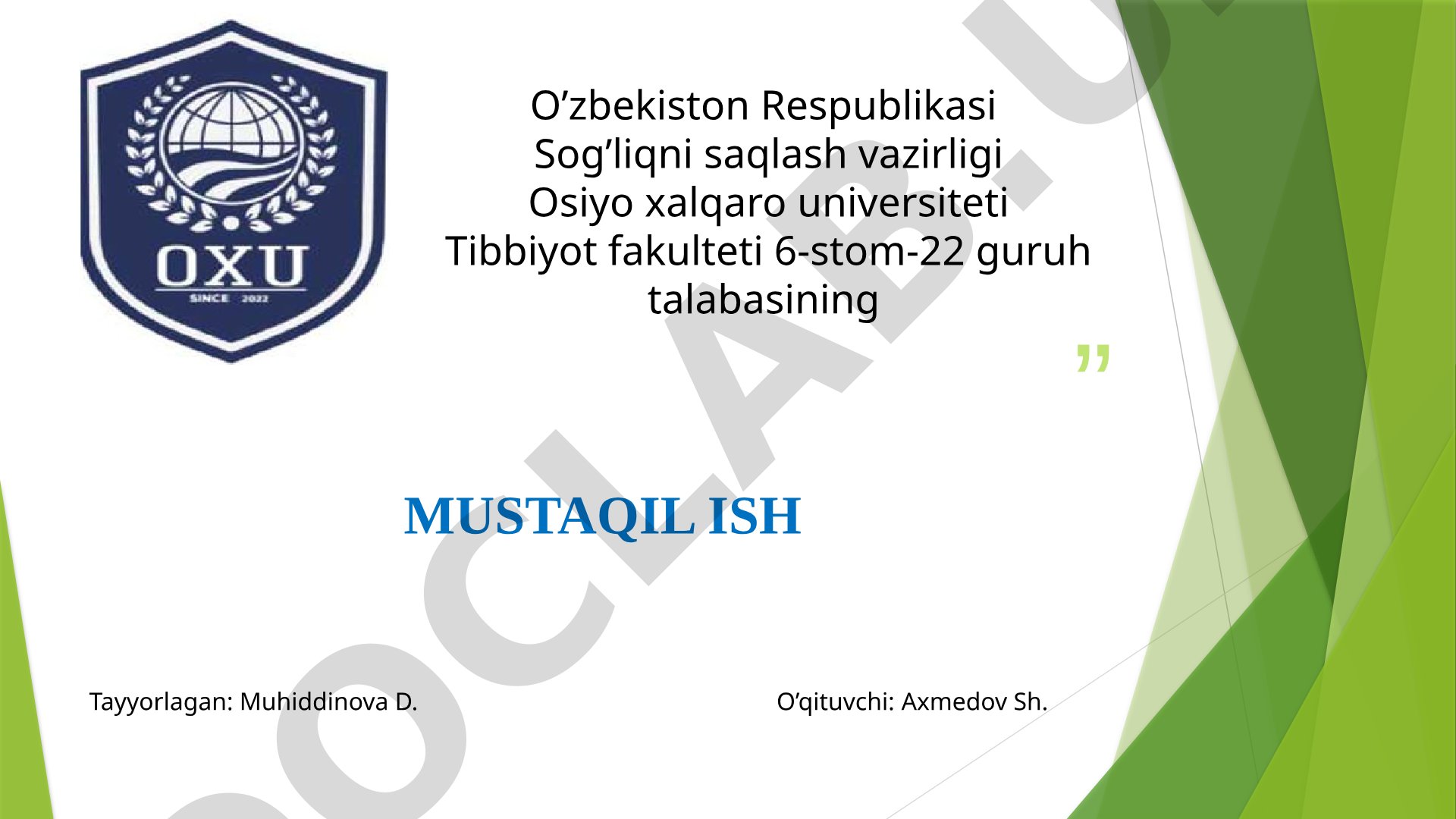 Turli kimyoviy tuzilishga ega bo'lgan Sintetik antibakterila vositalar. Stomotalogiyada qo'llanilishi