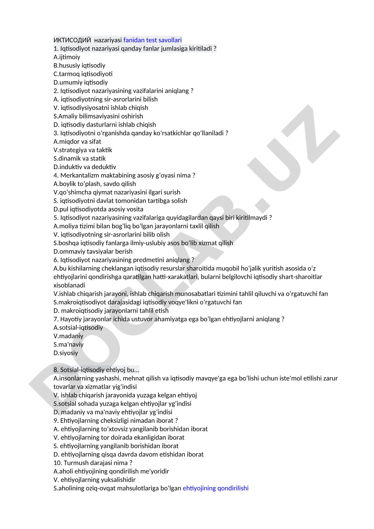 Iqtisodiy nazariyasi fanidan test savollari
