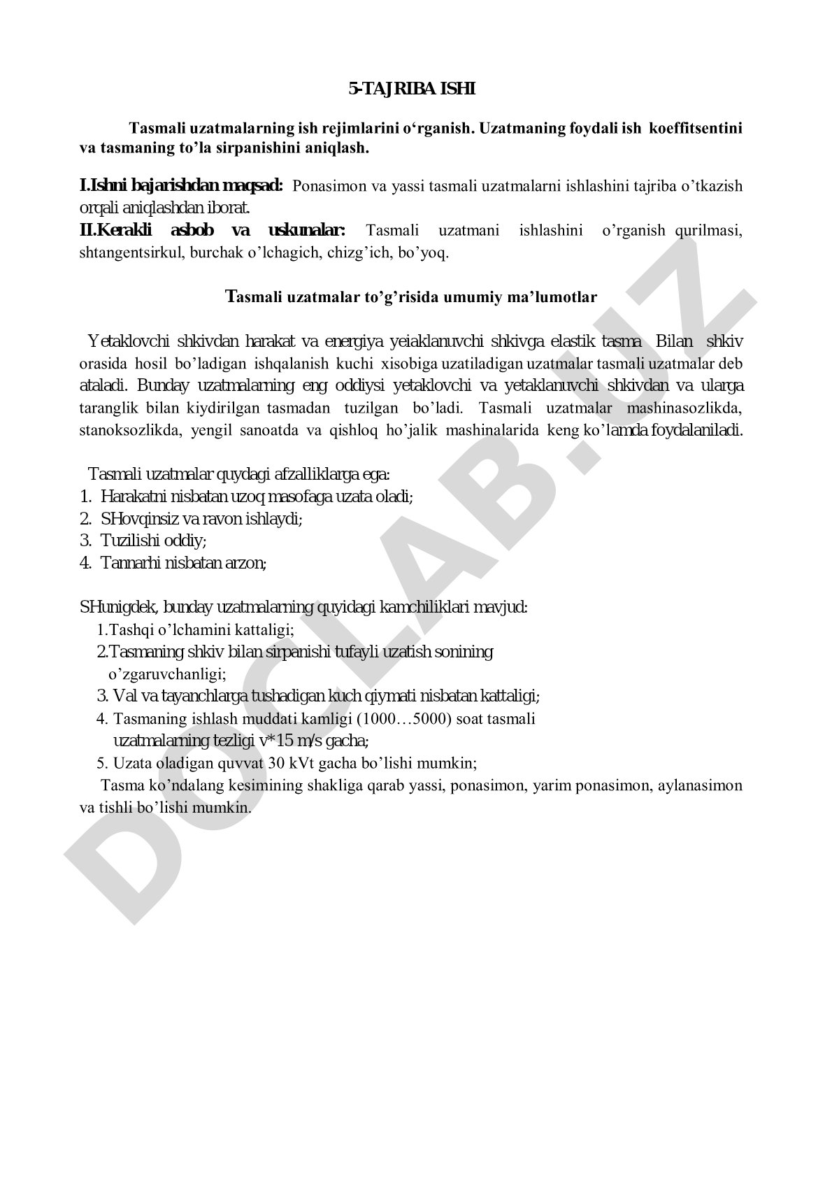 Tasmali uzatmalarning ish rejimlarini o‘rganish