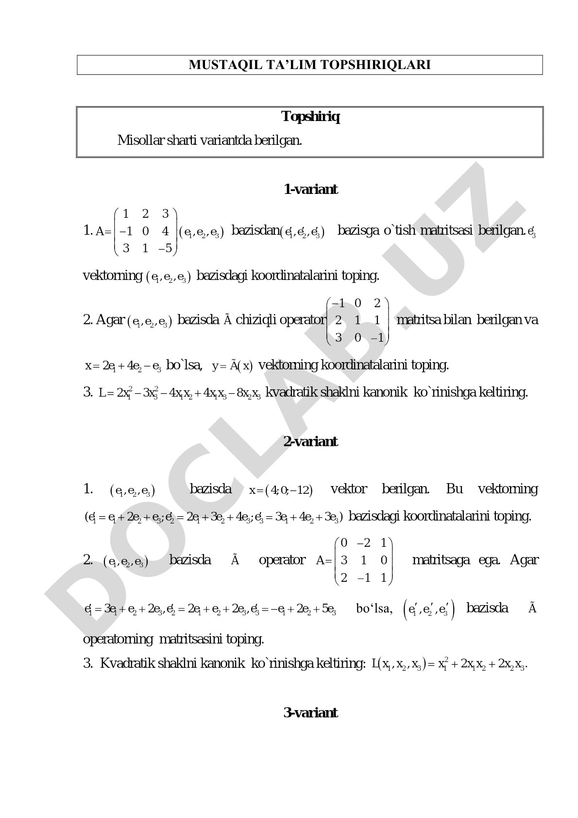 Mustaqil ta'lim topshiriqlari: chiziqli algebra