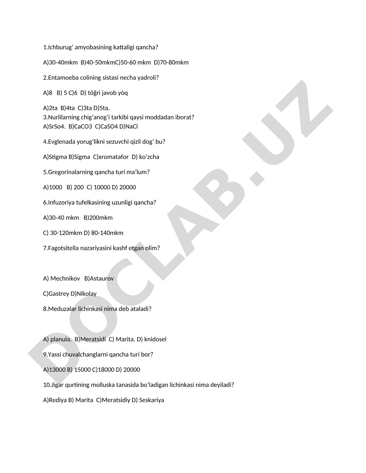 Biologik organizmlar haqida test savollari