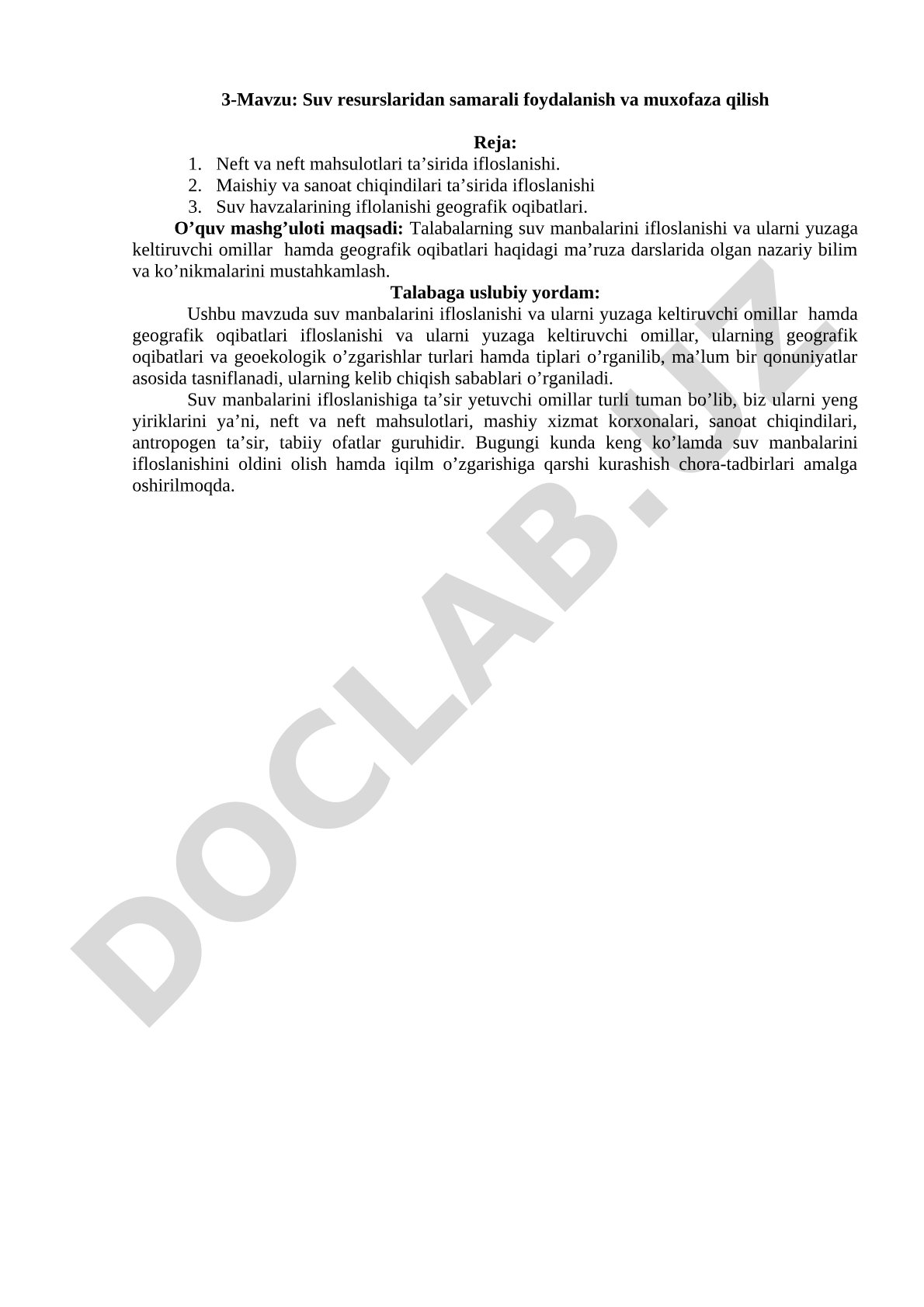 Suv resurslaridan samarali foydalanish va muxofaza qilish