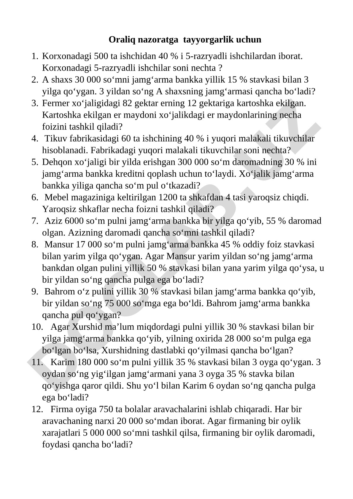Foiz va bank hisobiga doir masalalar