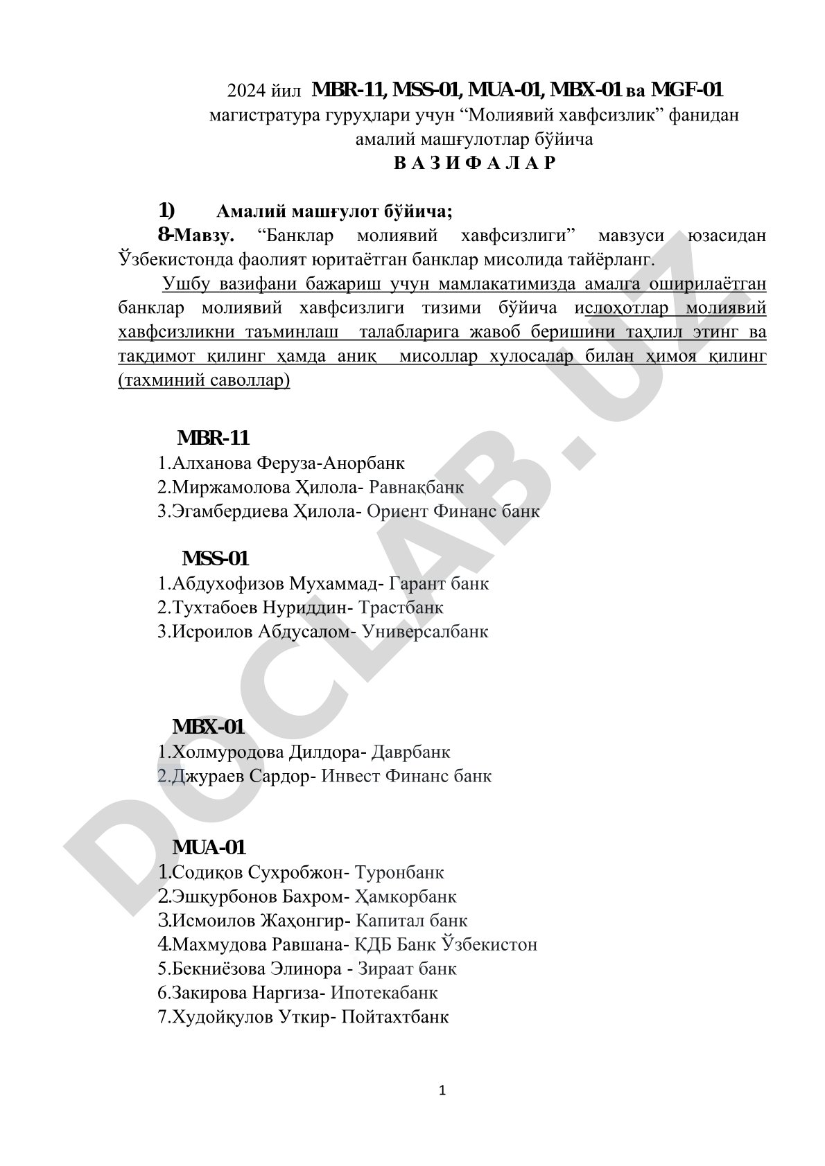 “Молиявий хавфсизлик” фанидан амалий машғулотлар бўйича вазифалар