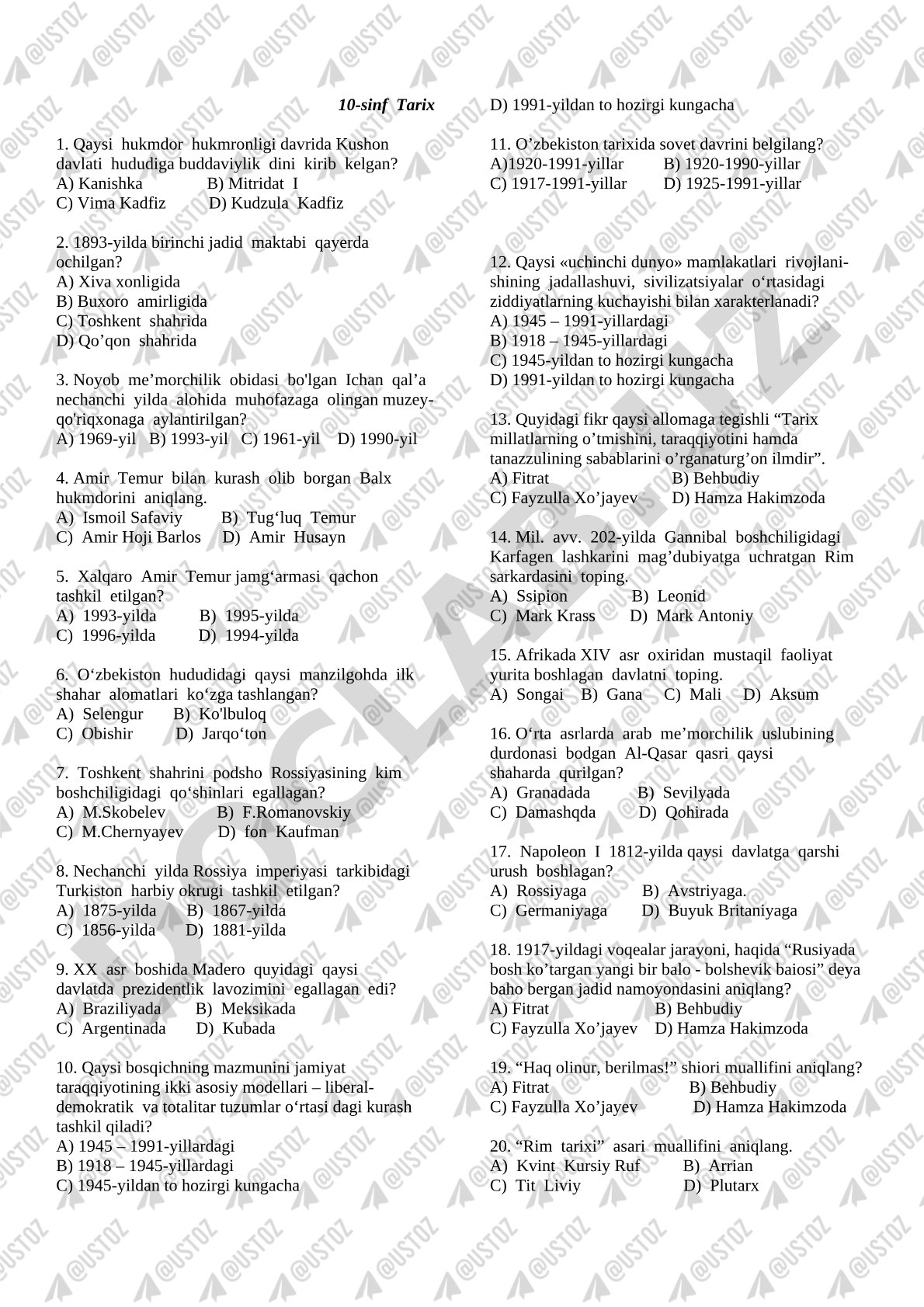 10-sinf uchun tarix fanidan test savollari