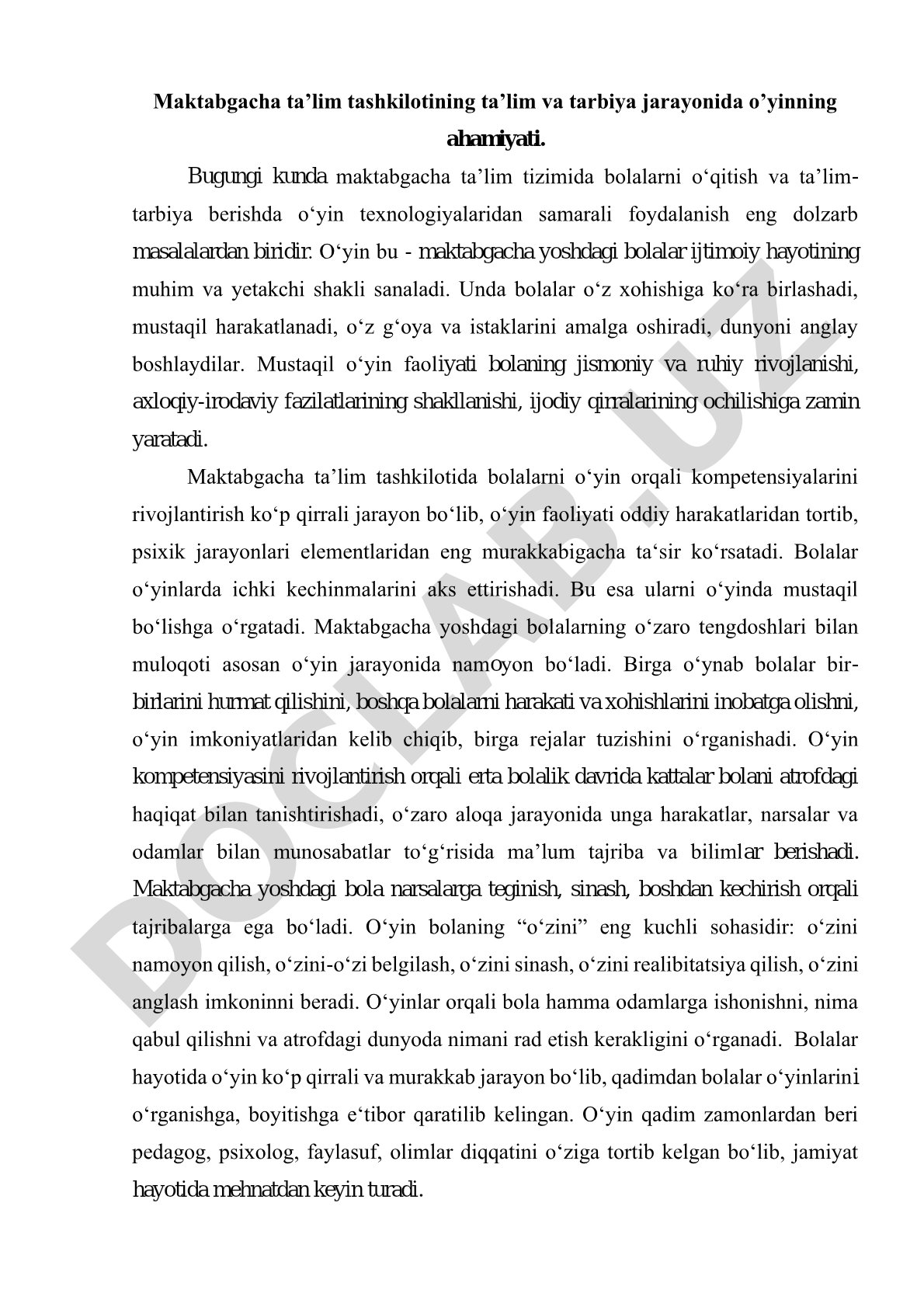 Maktabgacha ta'lim tashkilotining ta'lim va tarbiya jarayonida o'yinning ahamiyati