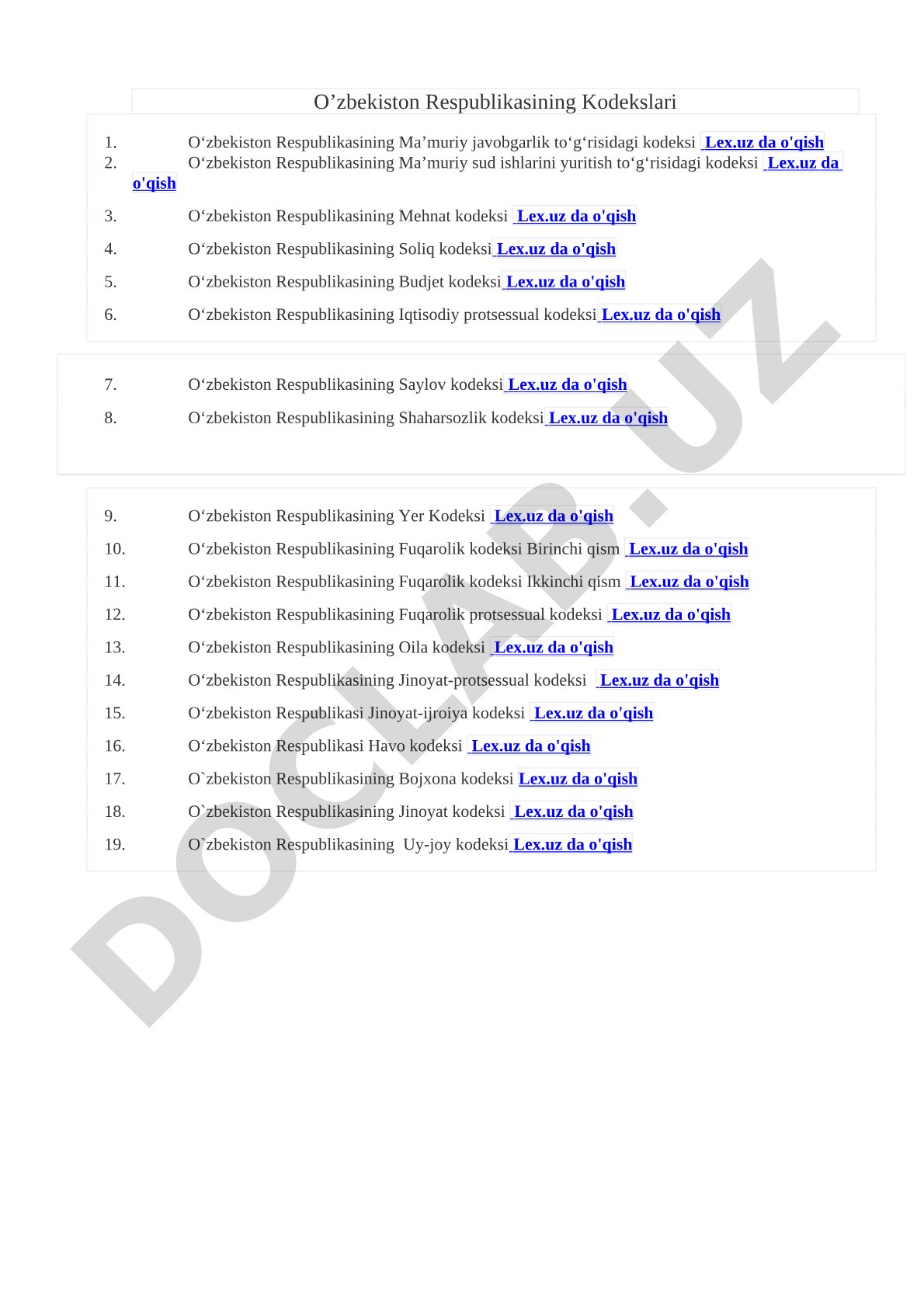 O’zbekiston Respublikasining Kodekslari
