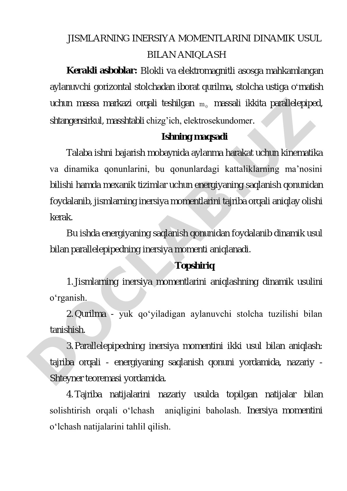 Jismlarning inersiya momentlarini dinamik usul bilan aniqlash