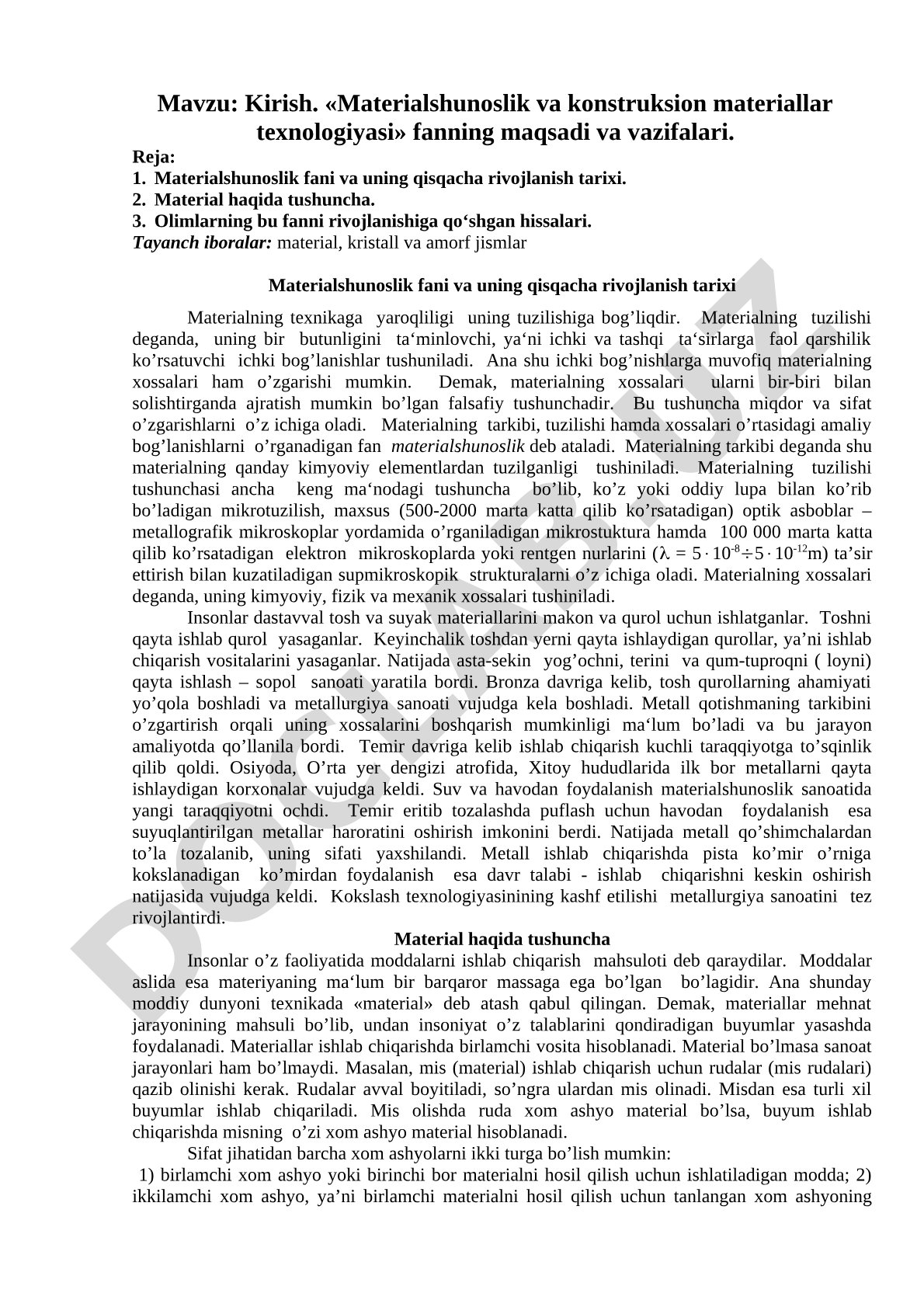 Materialshunoslik va konstruksion materiallar texnologiyasi fanning maqsadi va vazifalari