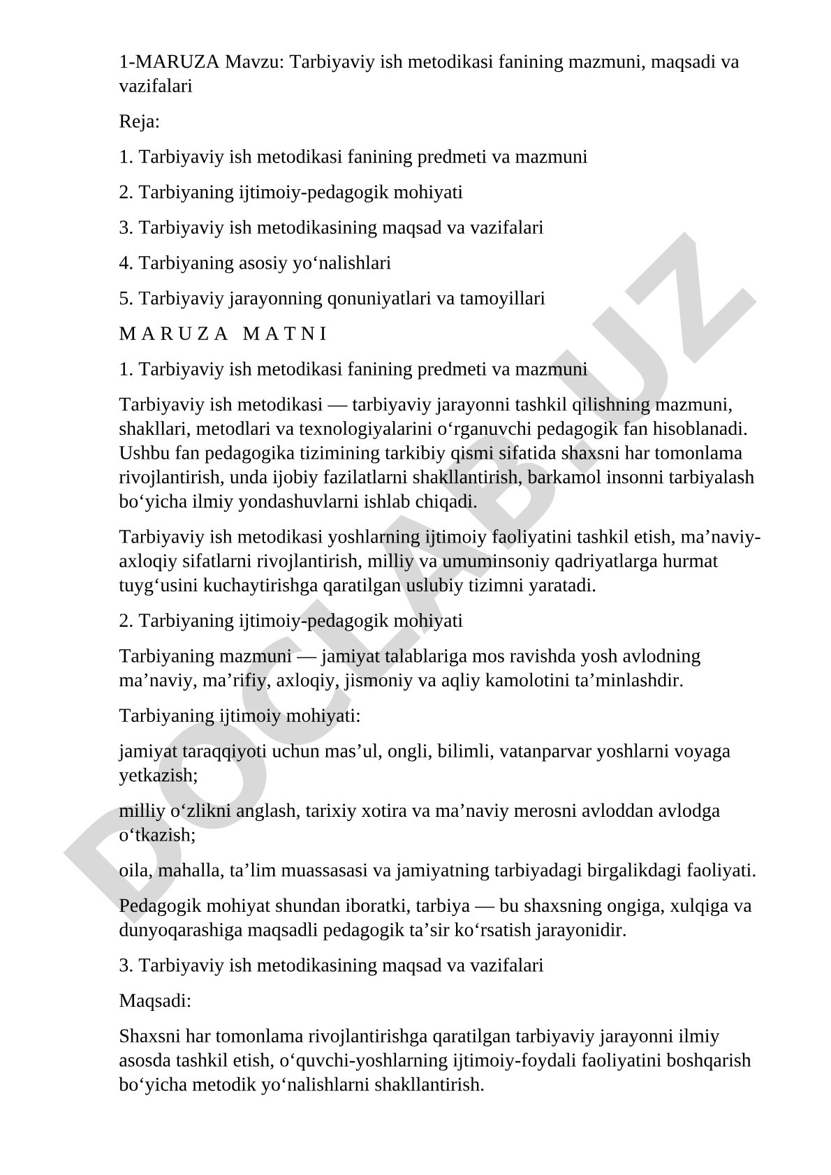 Tarbiyaviy ish metodikasi fanining mazmuni, maqsadi va vazifalari