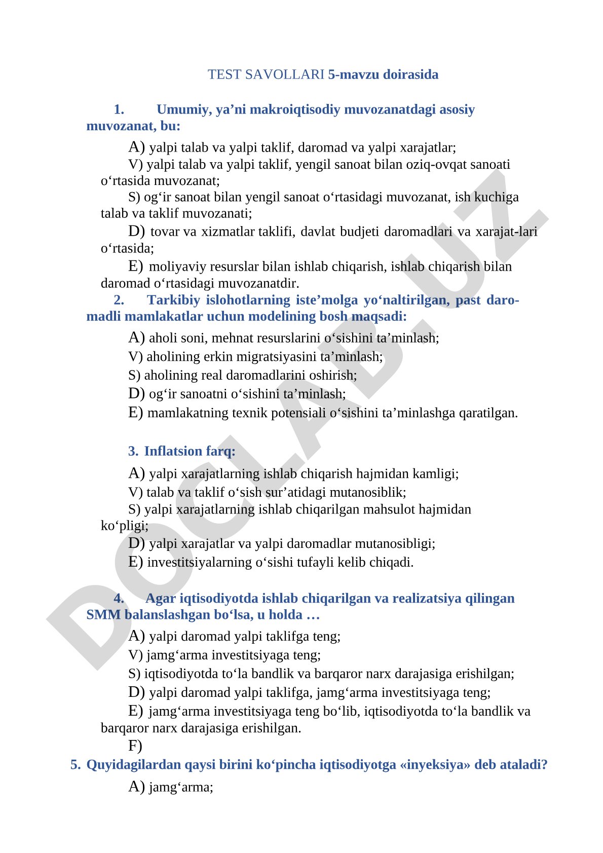 Test savollari 5-mavzu doirasida