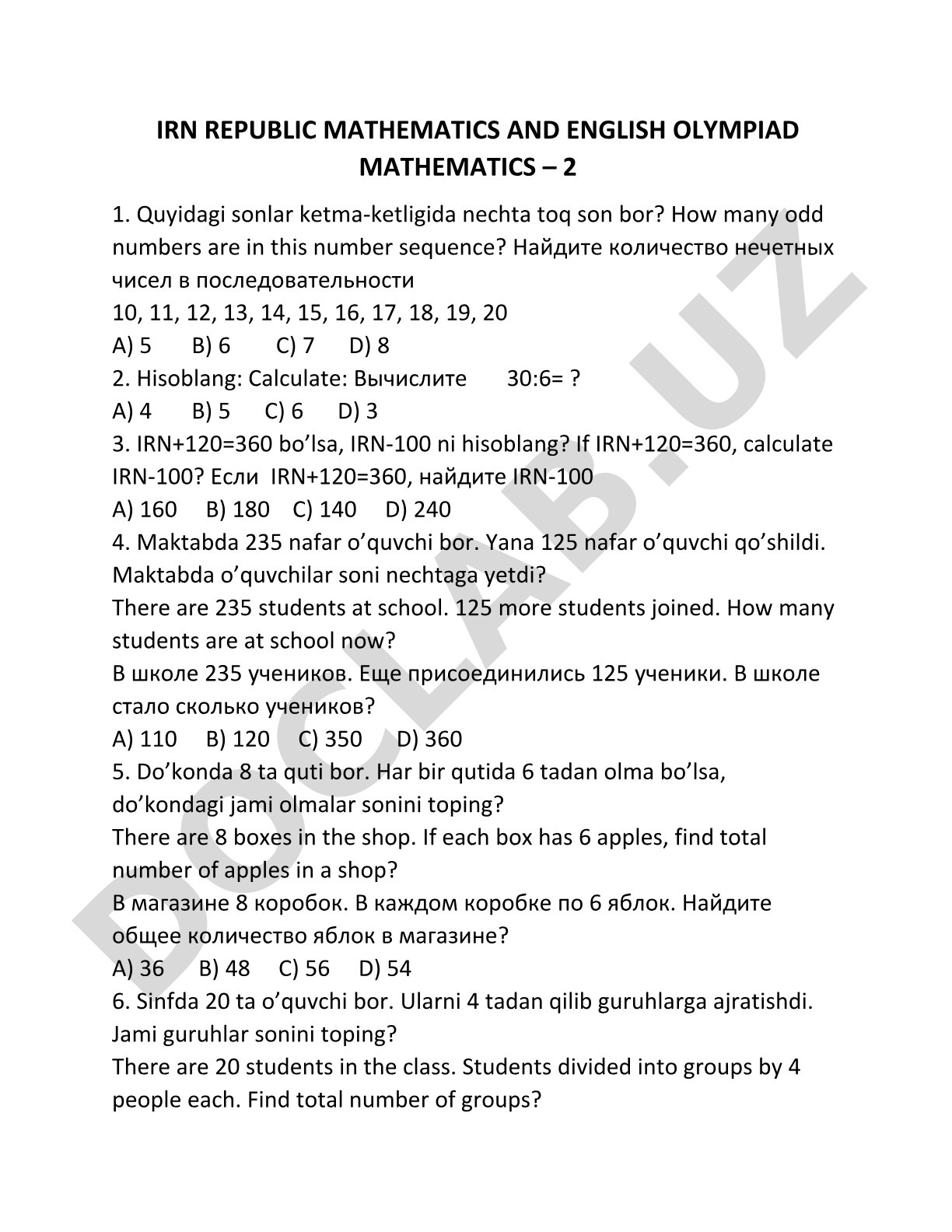 Matematika olimpiadasi masalalari (2-qism)