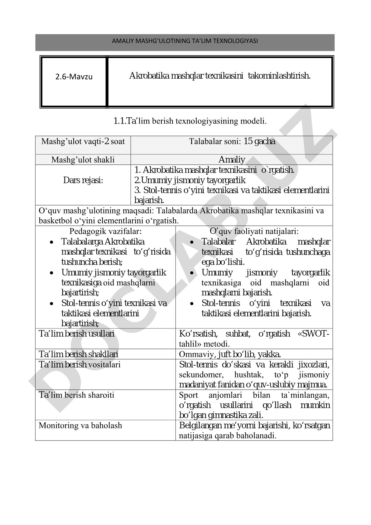 Akrobatika mashqlar texnikasi va stol-tennis o'yini elementlari