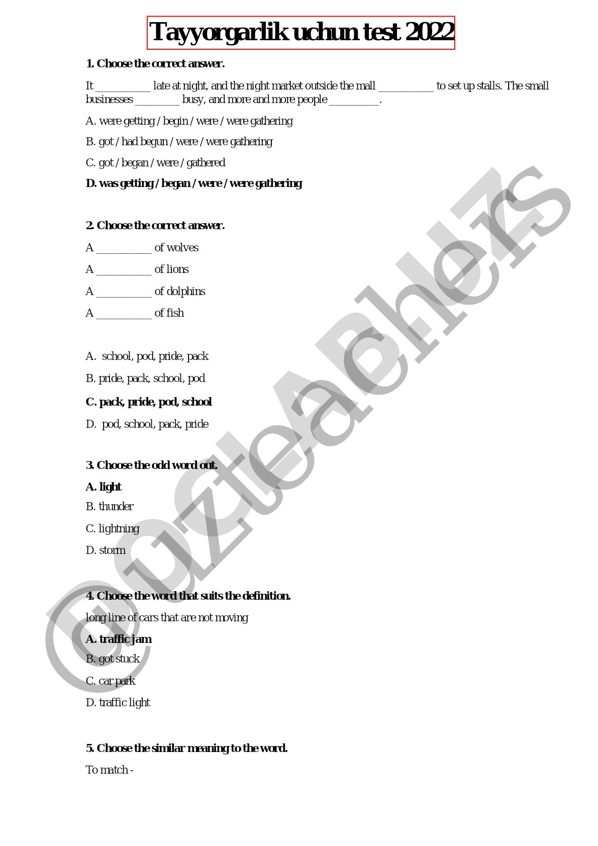English grammar and vocabulary test