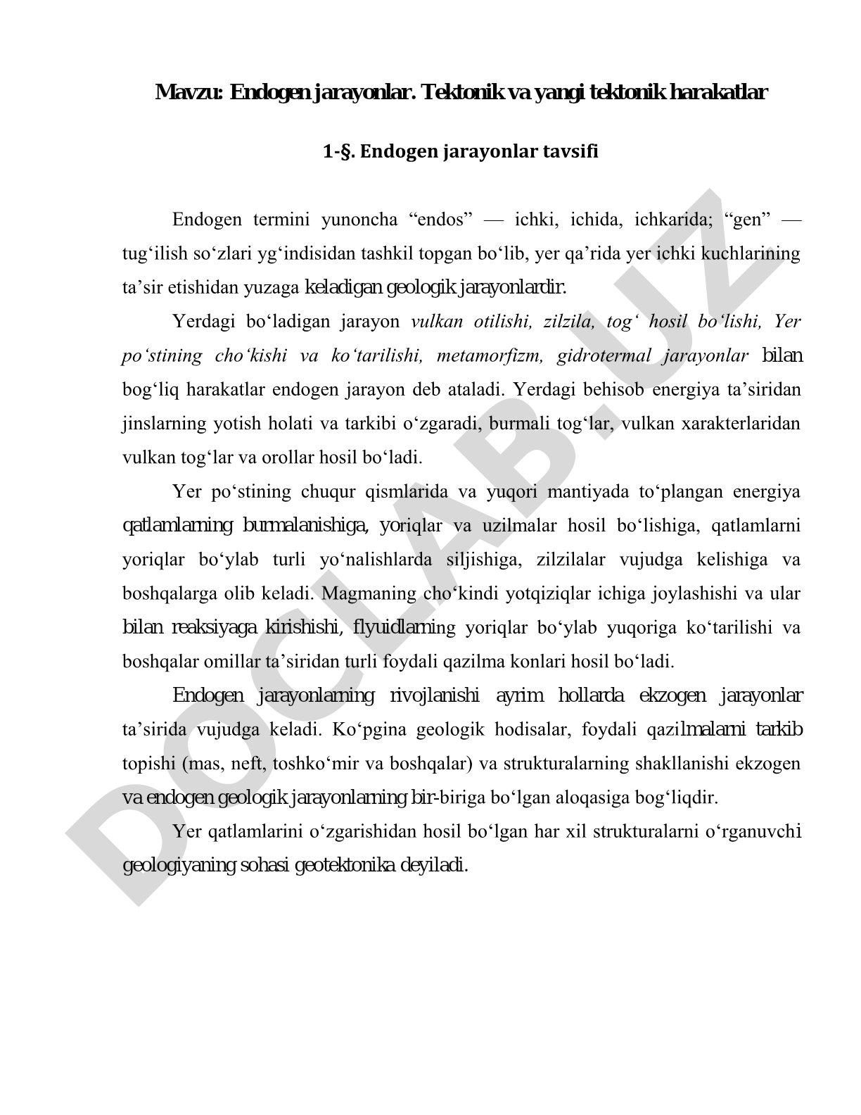 Endogen jarayonlar. Tektonik va yangi tektonik harakatlar