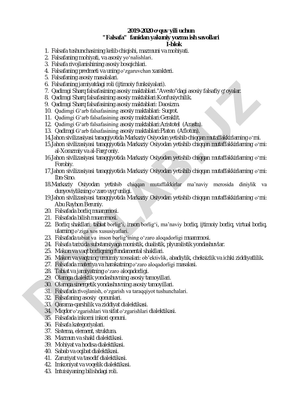 2019-2020 o‘quv yili uchun falsafa fanidan yakuniy yozma ish savollari