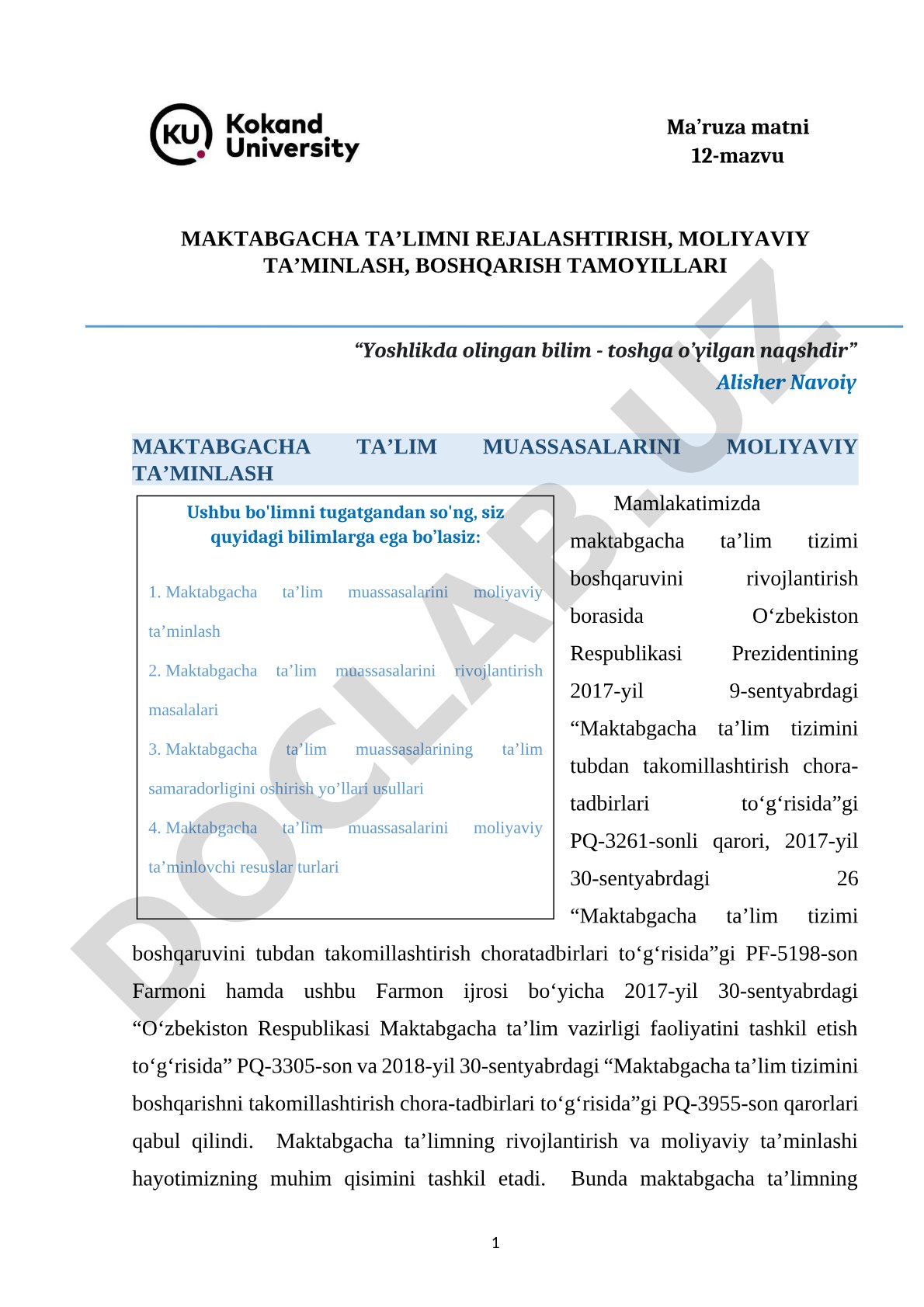 MAKTABGACHA TA’LIMNI REJALASHTIRISH, MOLIYAVIY TA’MINLASH, BOSHQARISH TAMOYILLARI