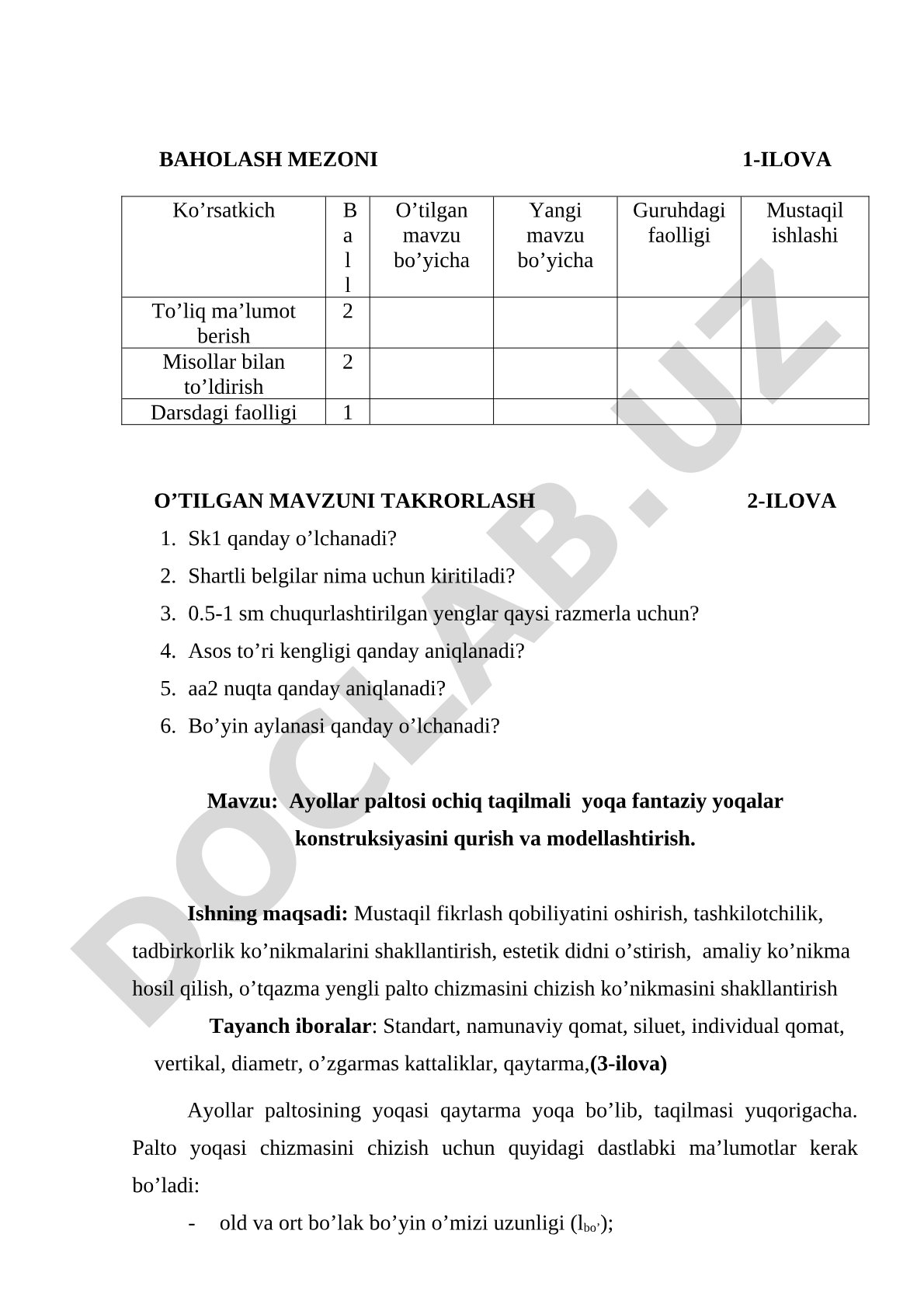 Ayollar paltosi ochiq taqilmali yoqa fantaziy yoqalar konstruksiyasini qurish va modellashtirish