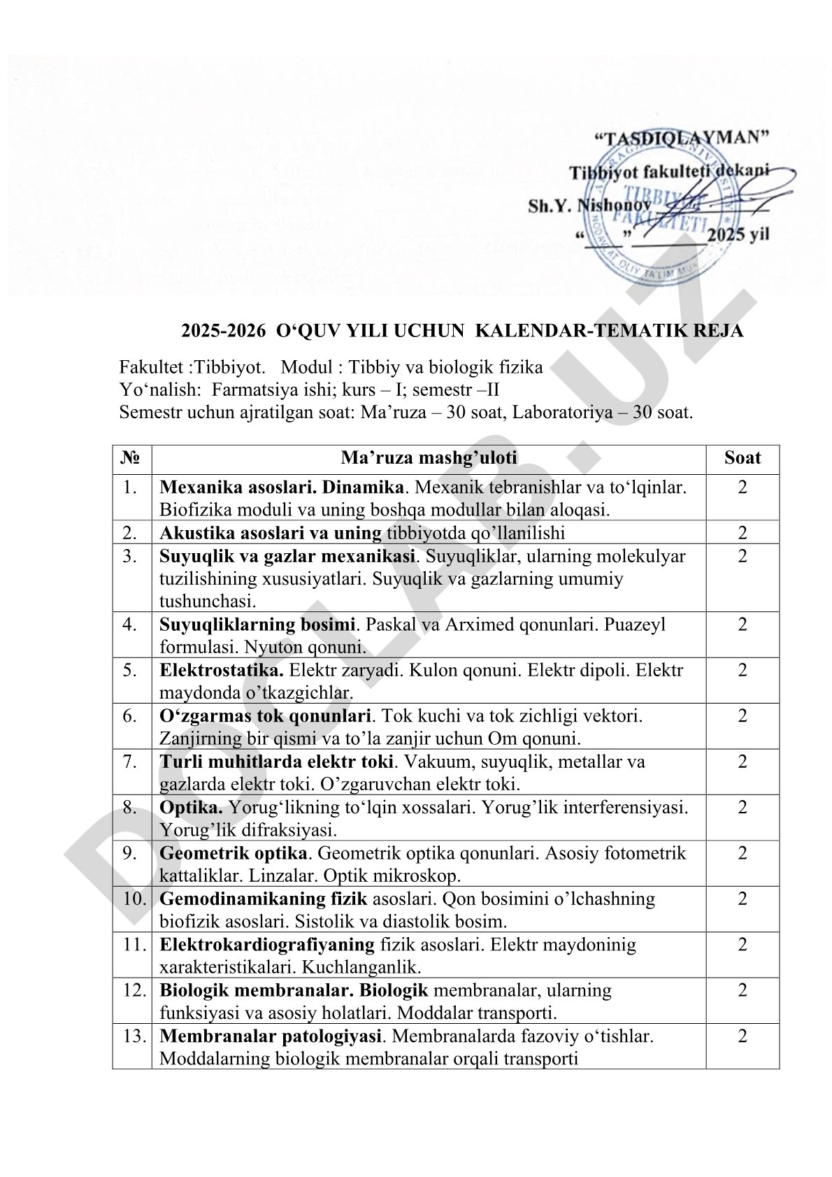 Tibbiy va biologik fizika kalendar-tematik reja