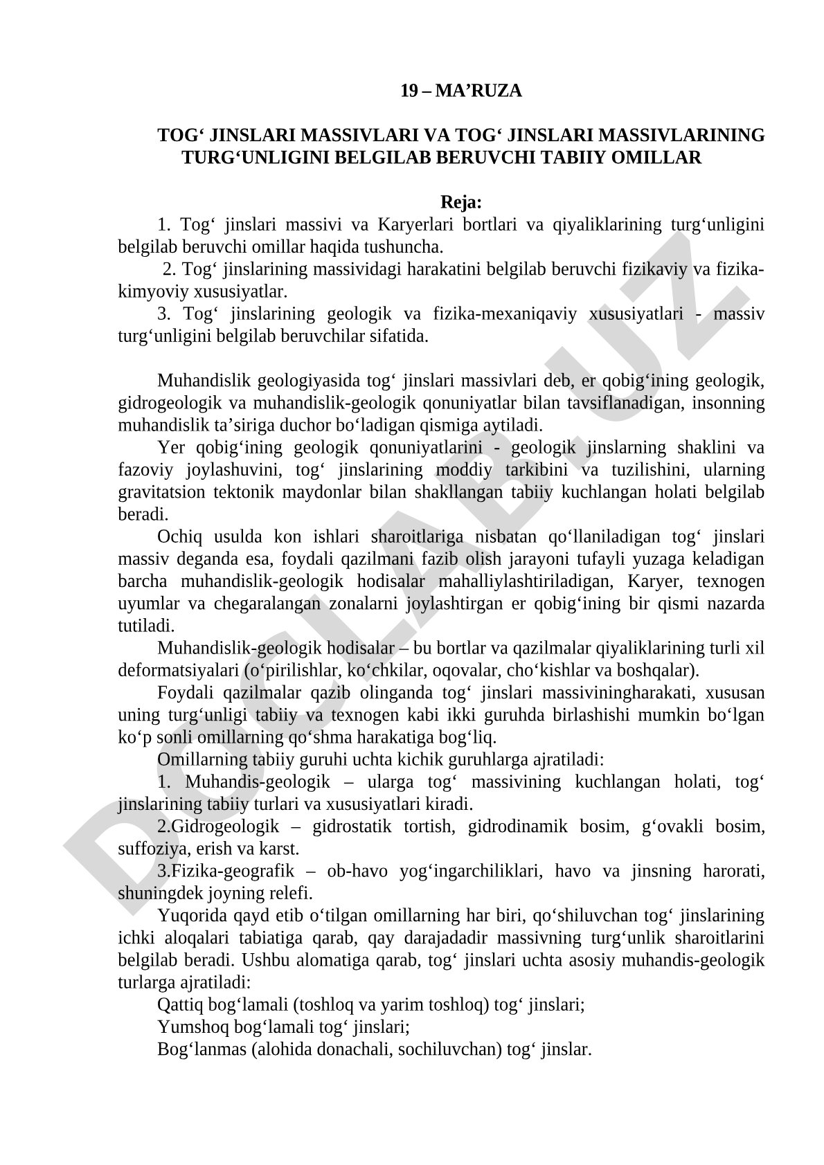 Tog‘ jinslari massivlari va tog‘ jinslari massivlarining turg‘unligini belgilab beruvchi tabiiy omillar