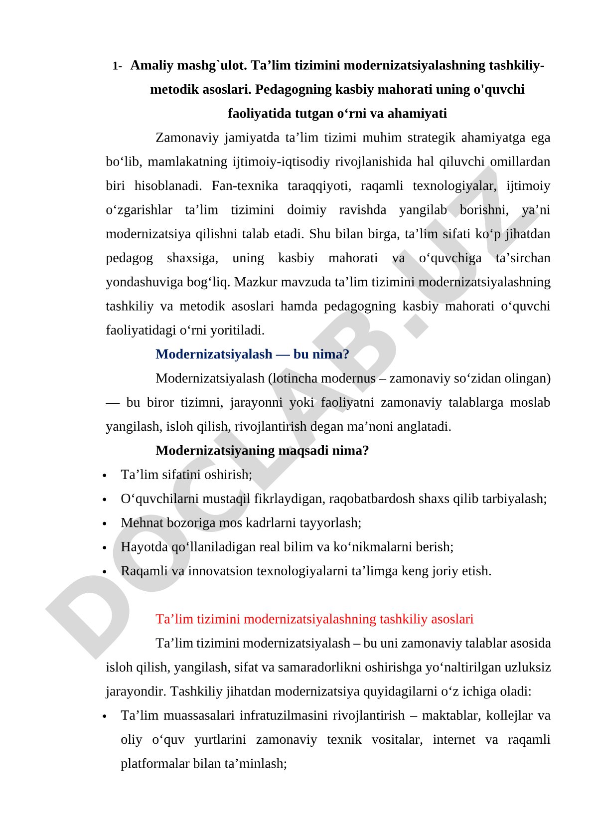 Ta’lim tizimini modernizatsiyalashning tashkiliy-metodik asoslari