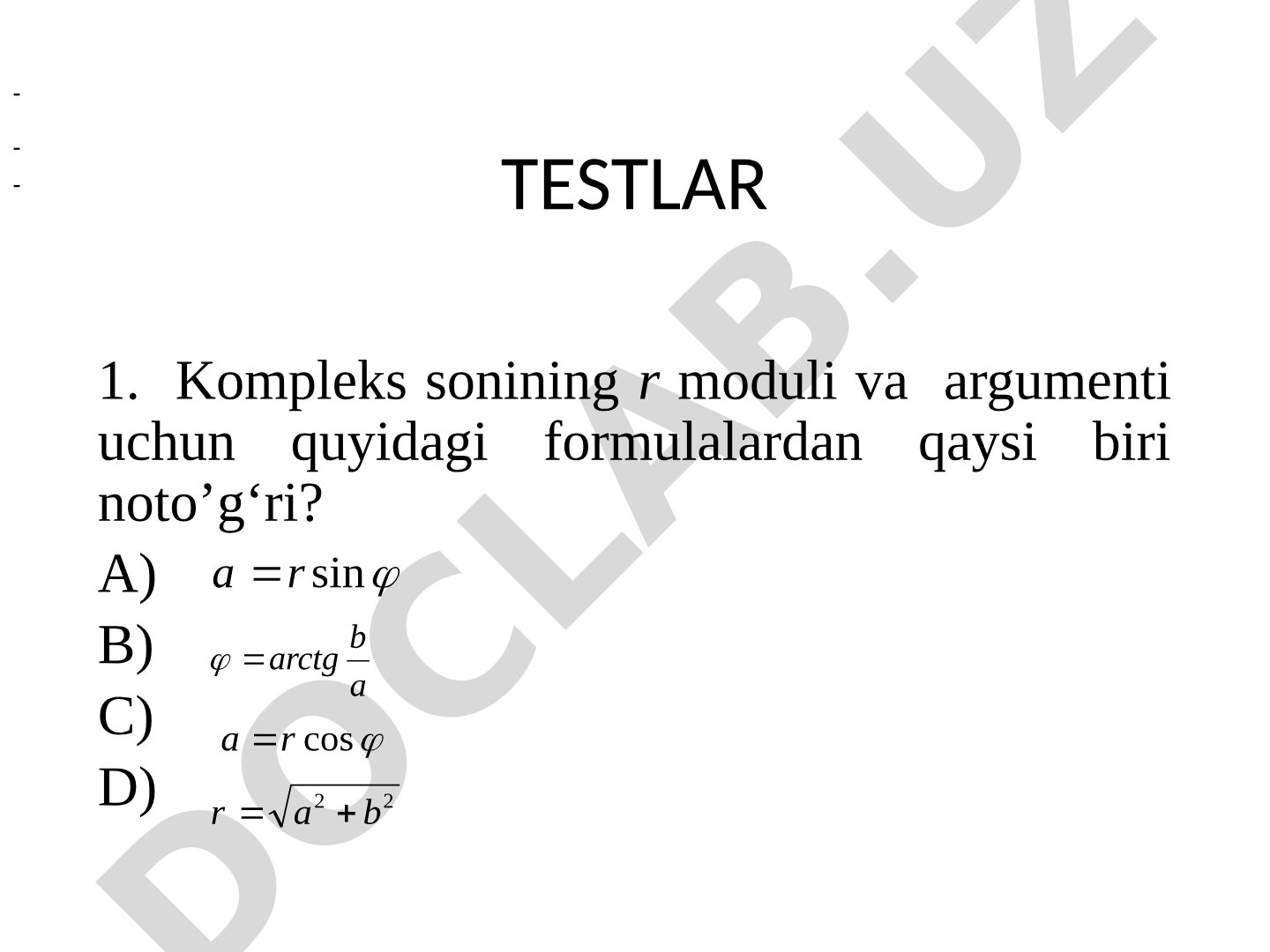 Matematika fanidan testlar