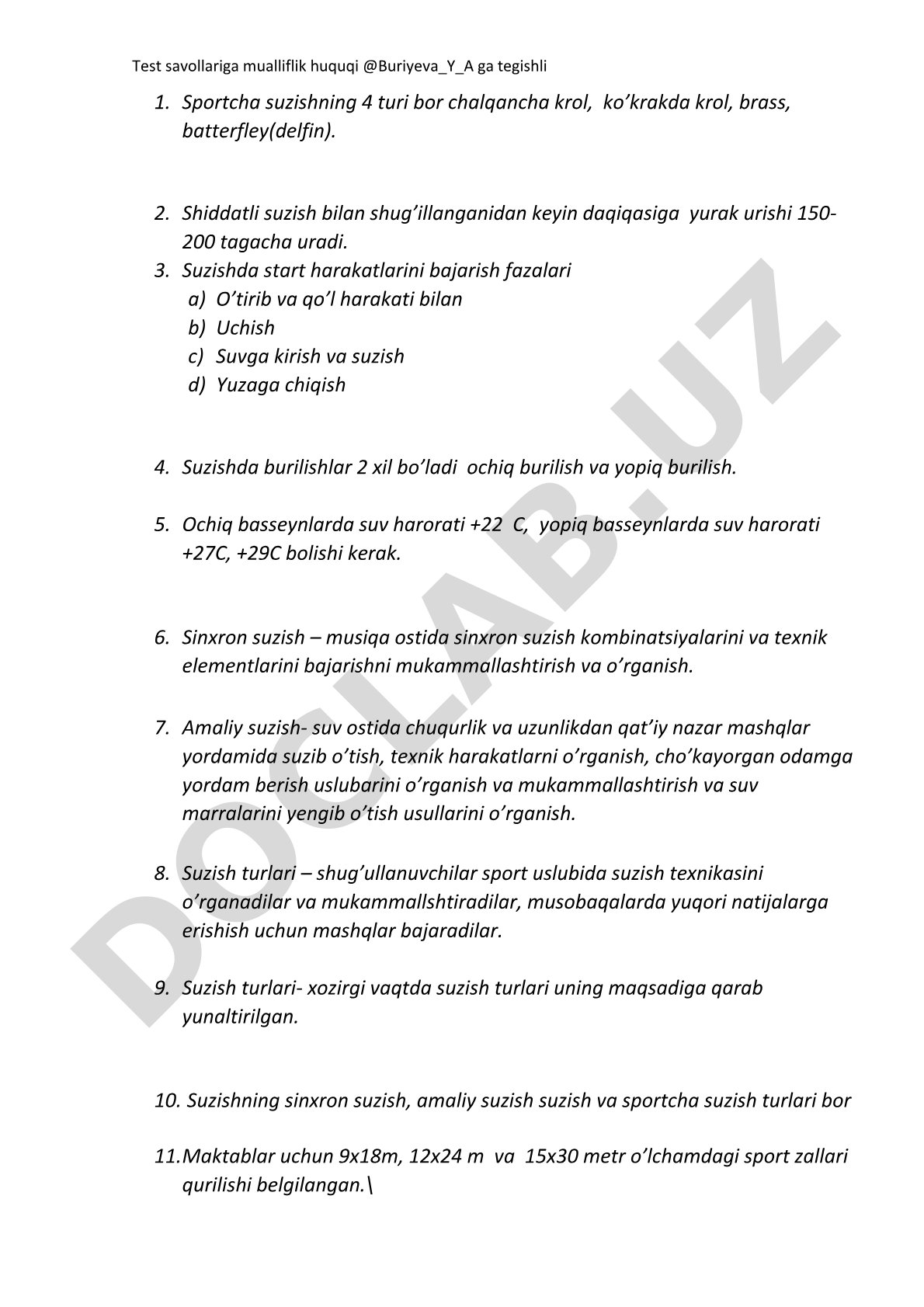 Suzish bo'yicha test savollari