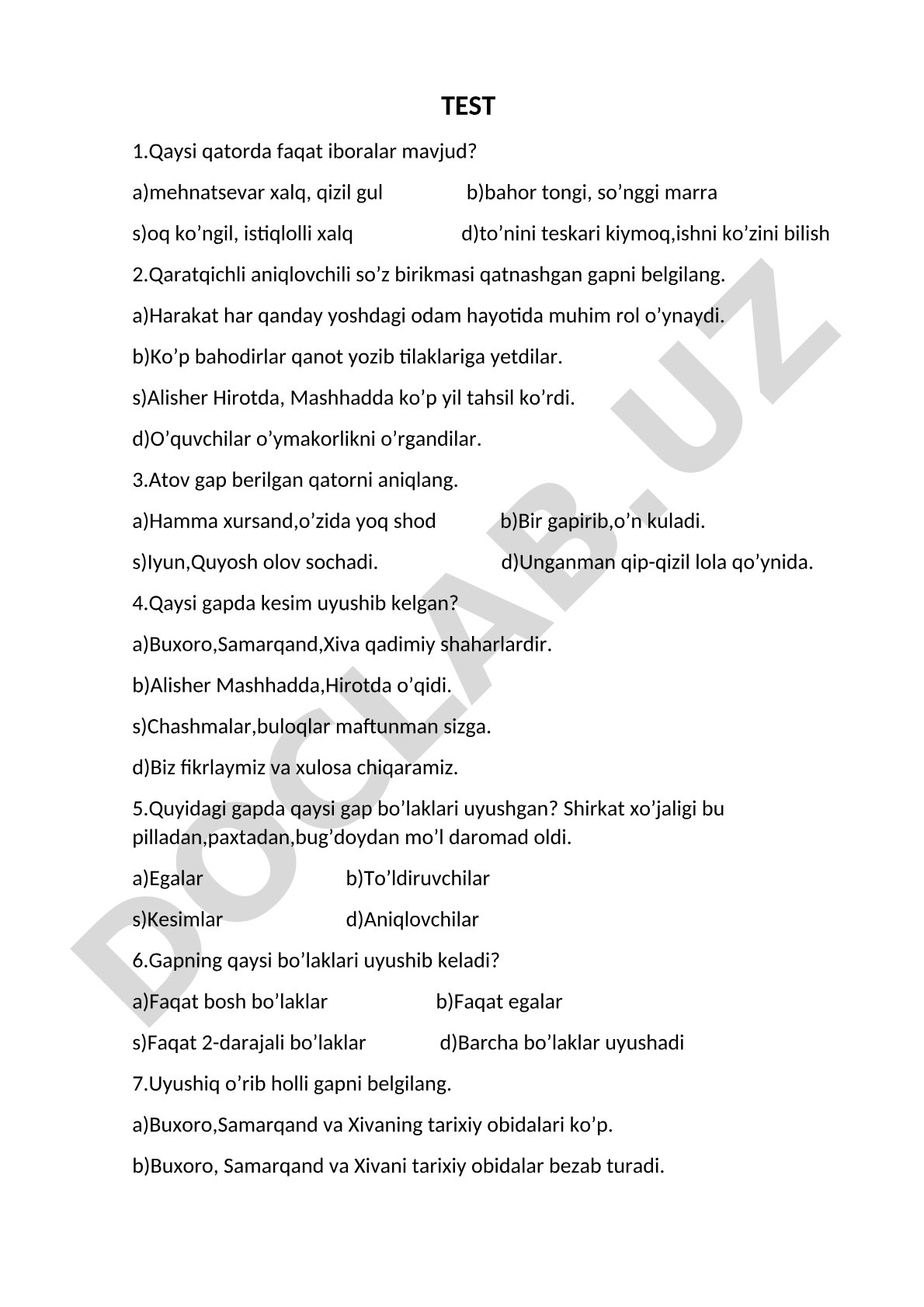 O'zbek tili grammatikasi test savollari