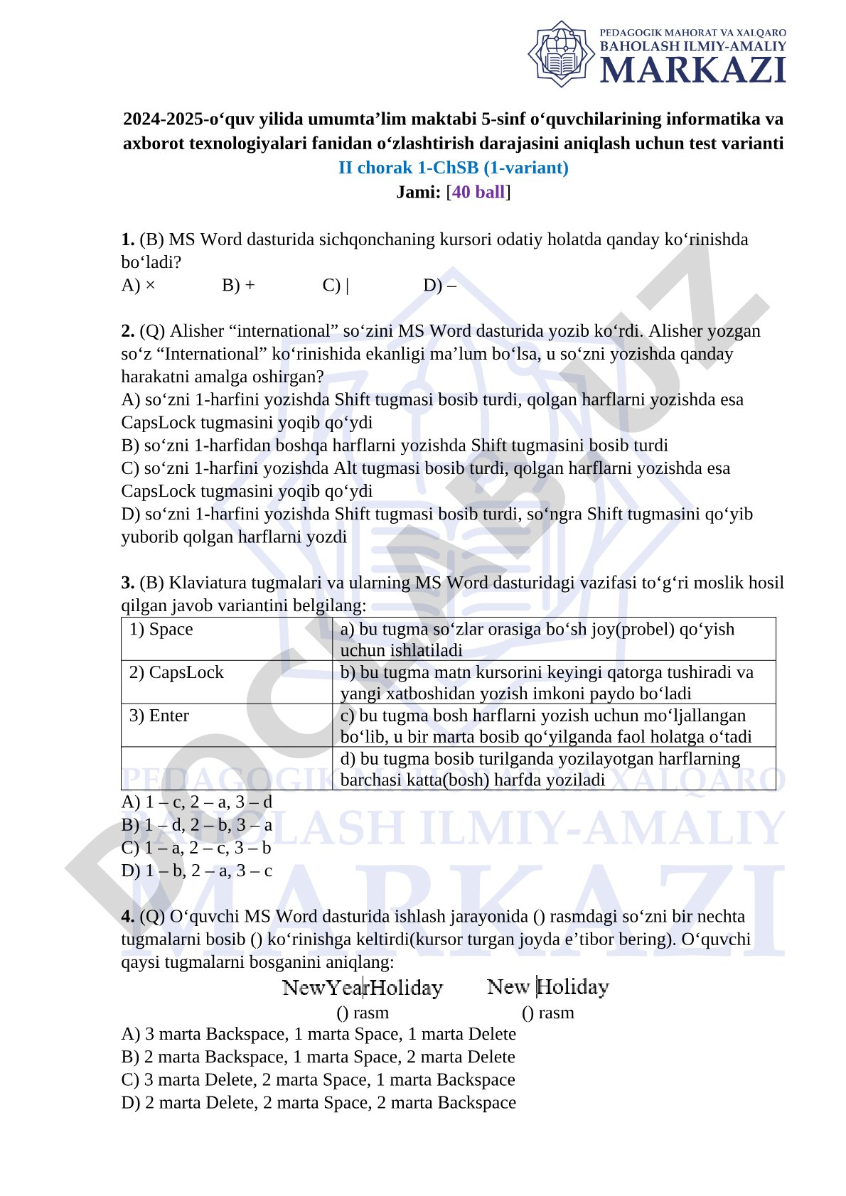 5-sinf informatika va axborot texnologiyalari fanidan II chorak 1-ChSB test varianti