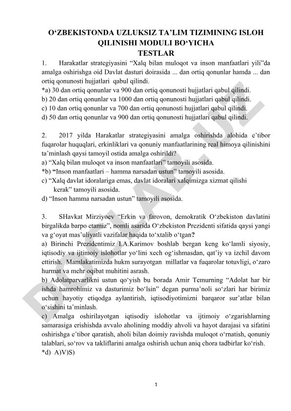 O‘zbekistonda uzluksiz ta’lim tizimining isloh qilinishi moduli bo‘yicha testlar