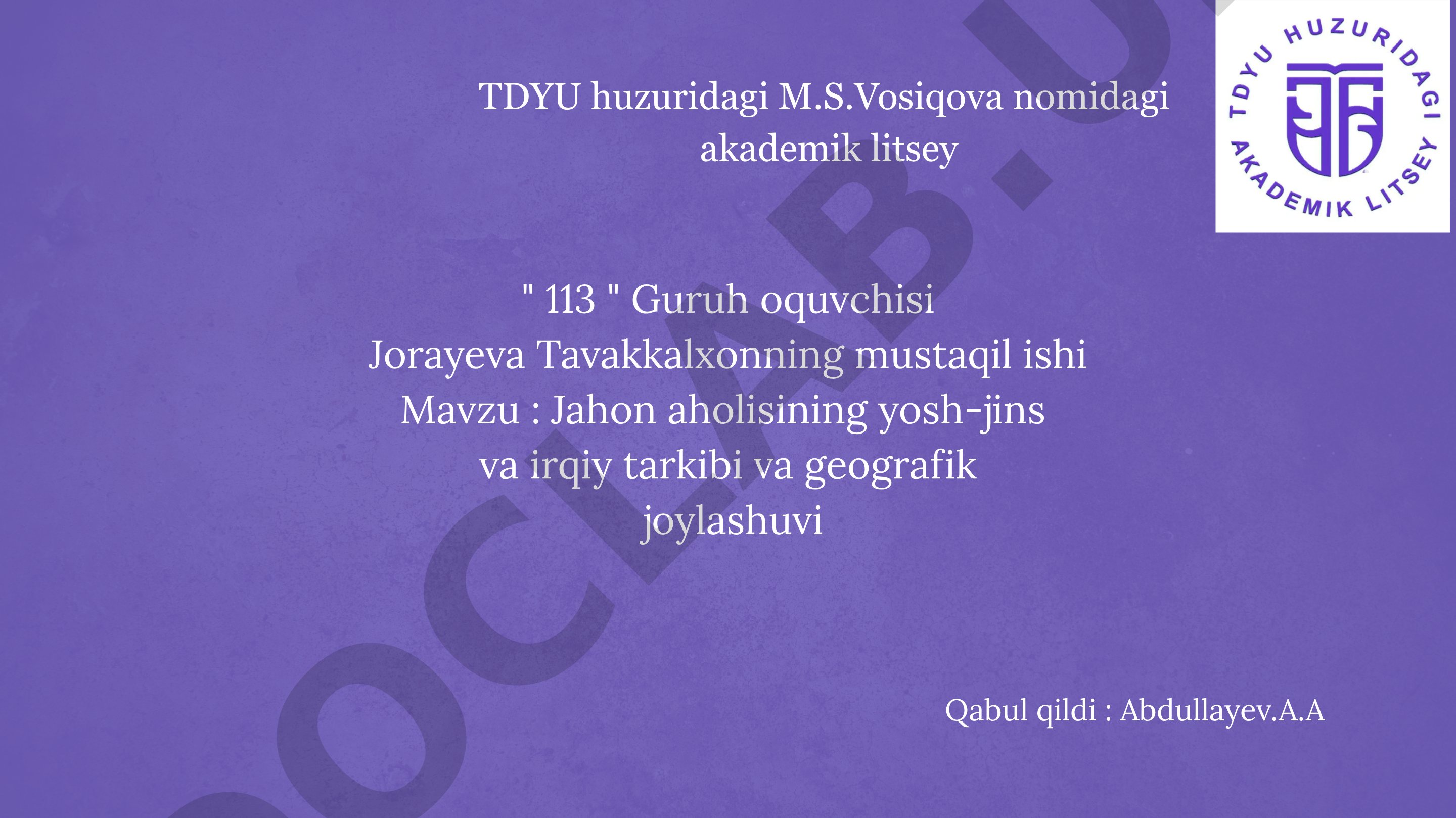 Jahon aholisining yosh-jins va irqiy tarkibi va geografik joylashuvi