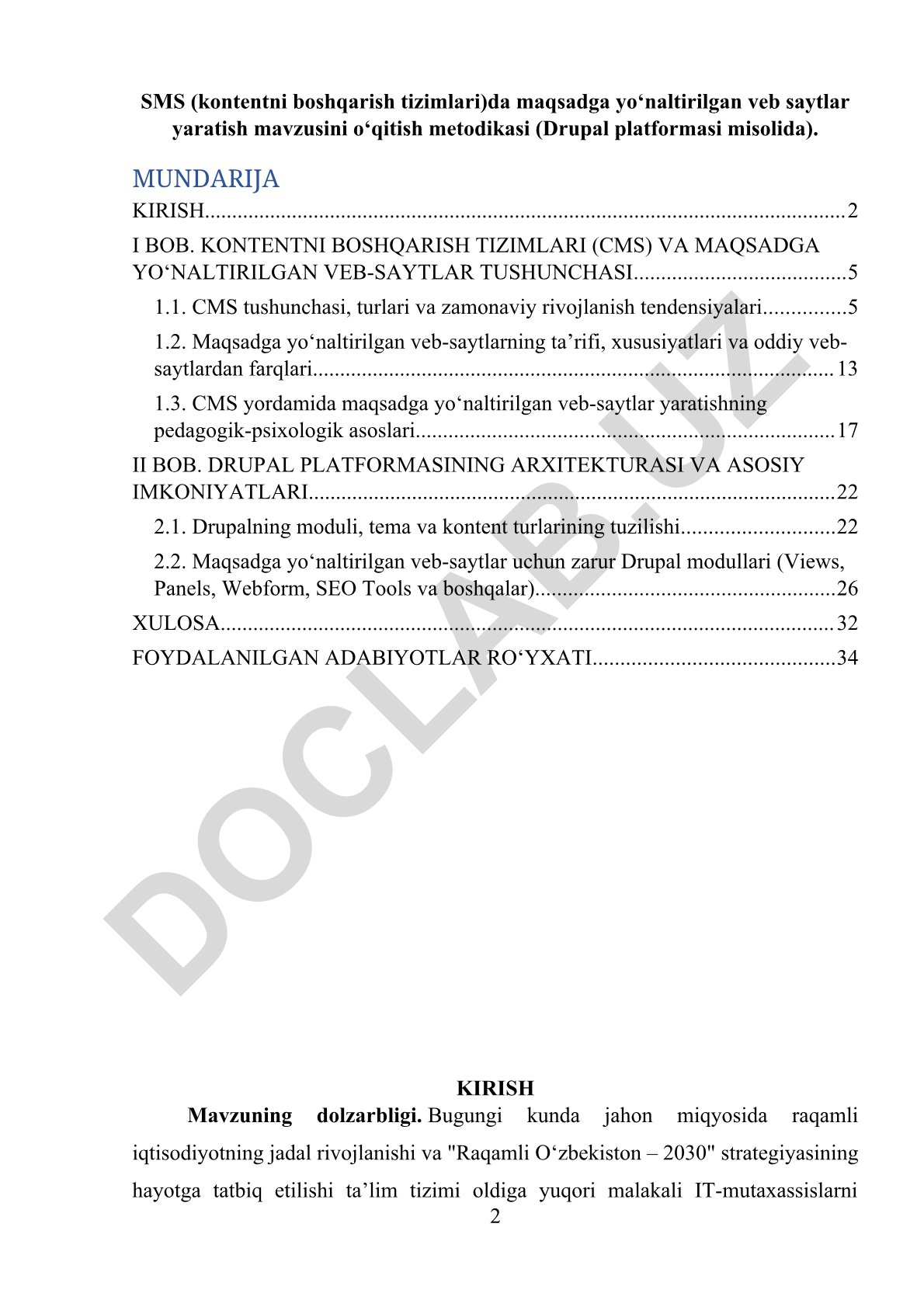 SMЅ (kontentni boshqarish tizimlari)da maqsadga yo‘naltirilgan veb saytlar yaratish mavzusini o‘qitish metodikasi (Drupal platformasi misolida)