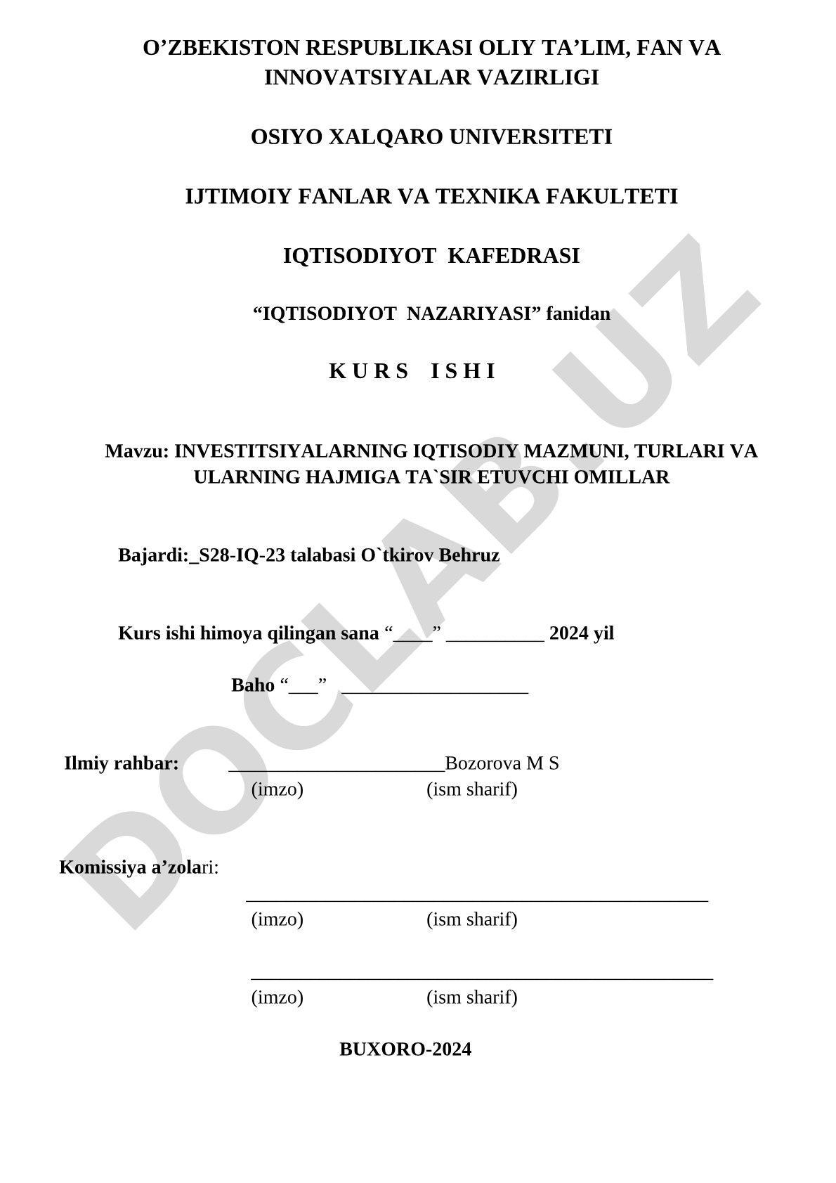 Investitsiyalarning iqtisodiy mazmuni, turlari va ularning hajmiga ta'sir etuvchi omillar
