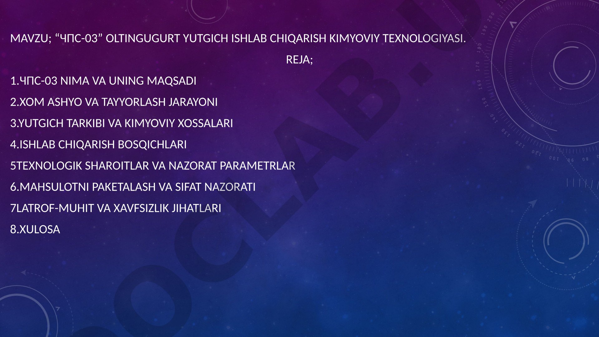 ChPS-03 oltingugurt yutgich ishlab chiqarish kimyoviy texnologiyasi