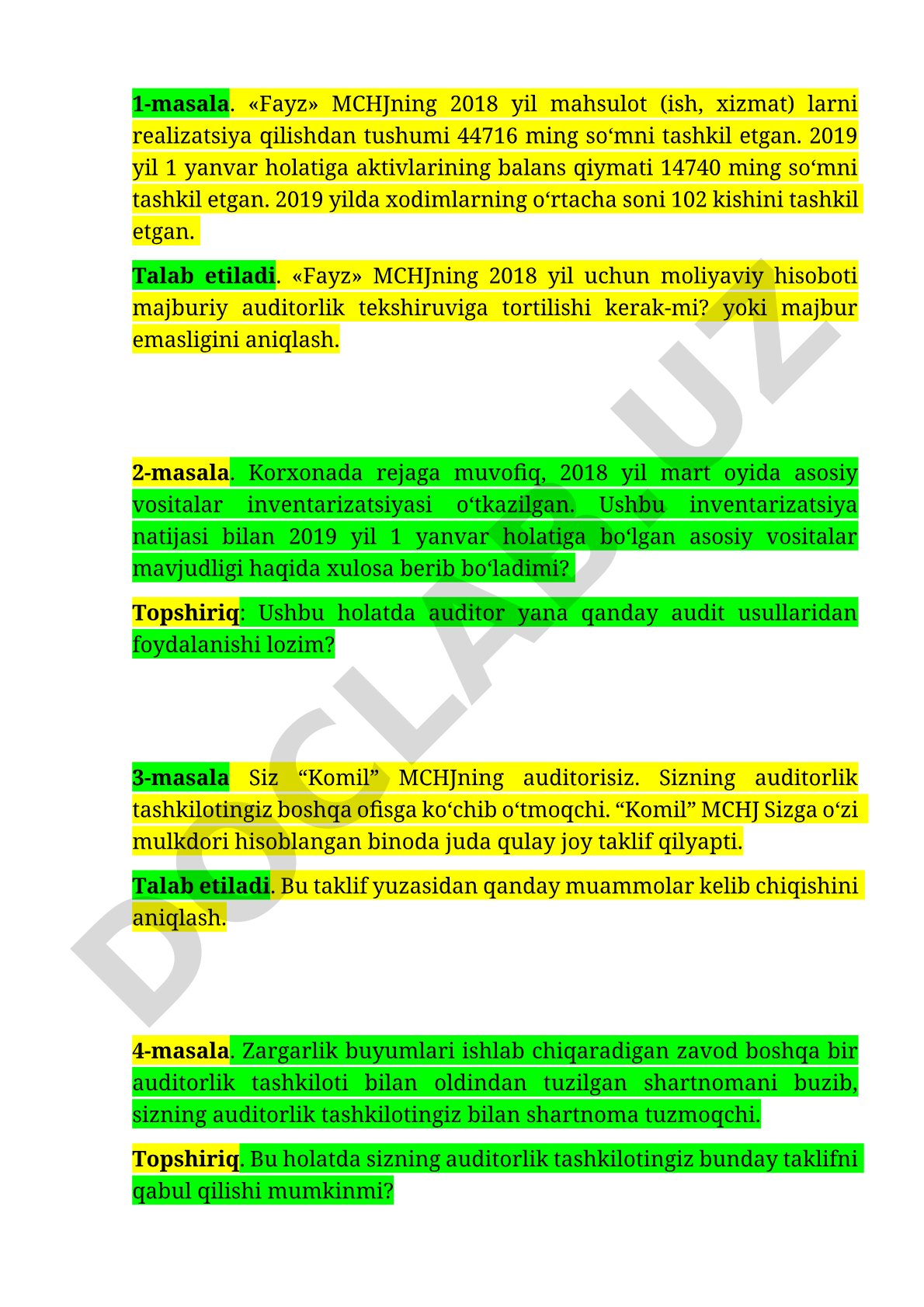 Audit masalalari bo'yicha topshiriqlar