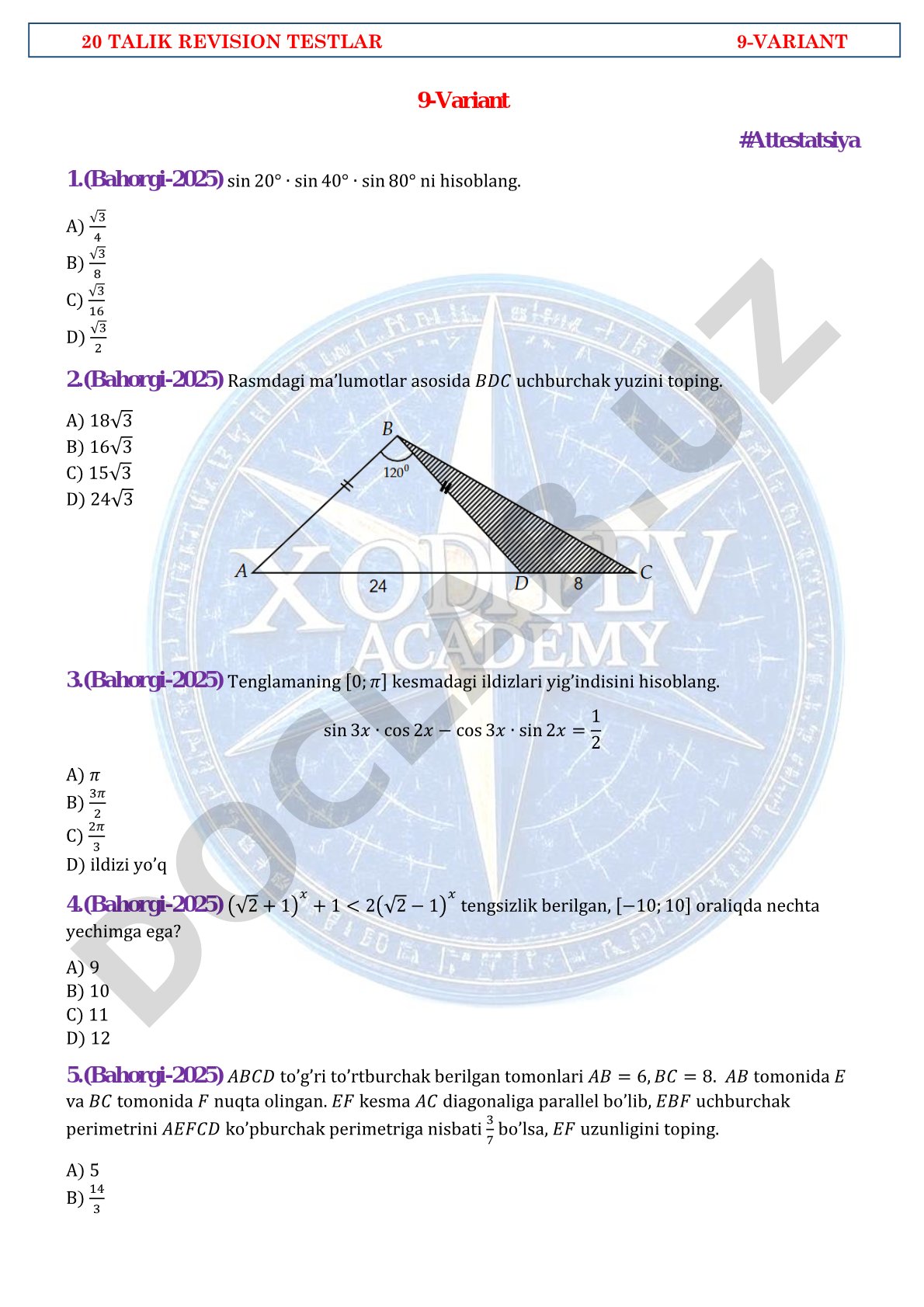 Matematikadan 20 talik revision testlar 9-variant
