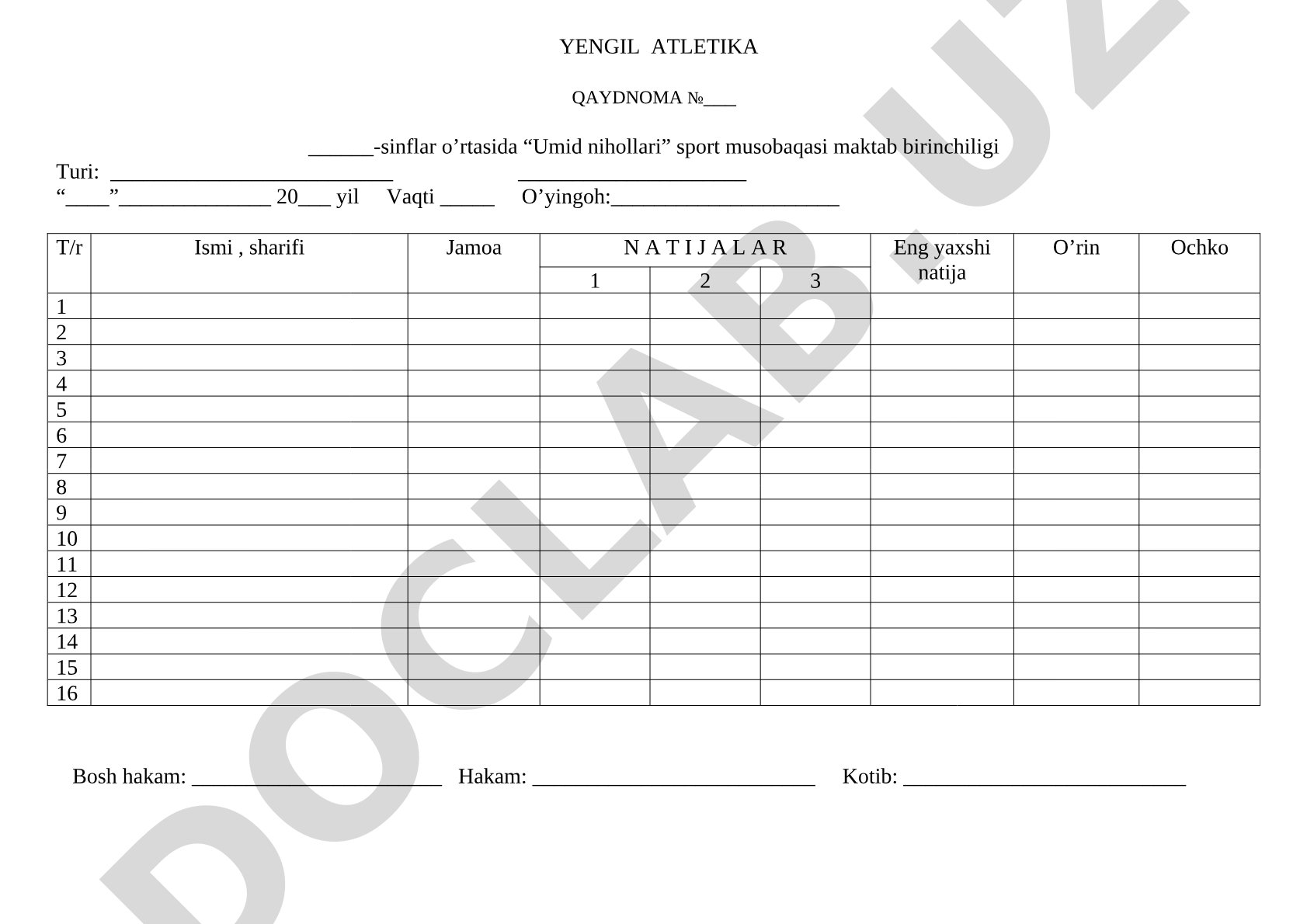 Yengil atletika qaydnoma №___ ______-sinflar o’rtasida “Umid nihollari” sport musobaqasi maktab birinchiligi