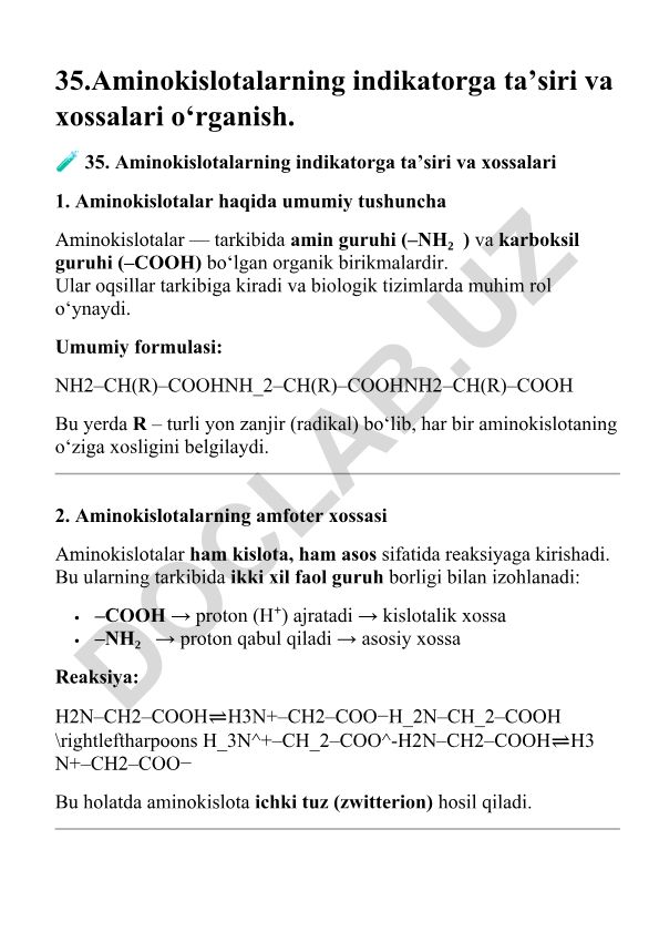 Aminokislotalarning indikatorga ta'siri va xossalari