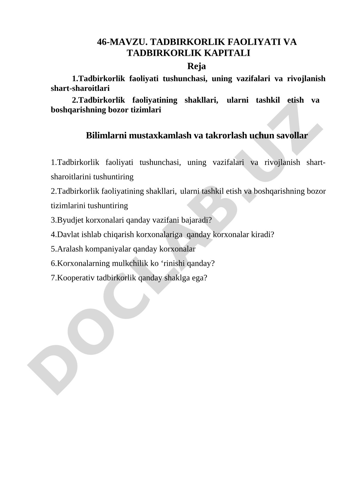 Tadbirkorlik faoliyati va tadbirkorlik kapitali