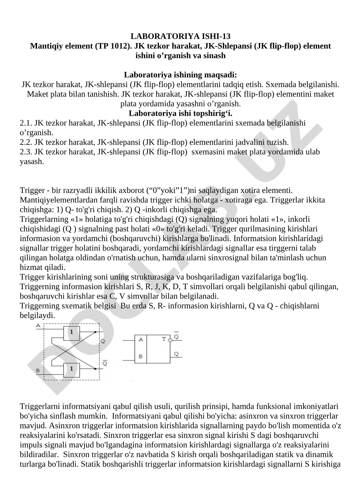 Mantiqiy element (TP 1012). JK tezkor harakat, JK-Shlepansi (JK flip-flop)
