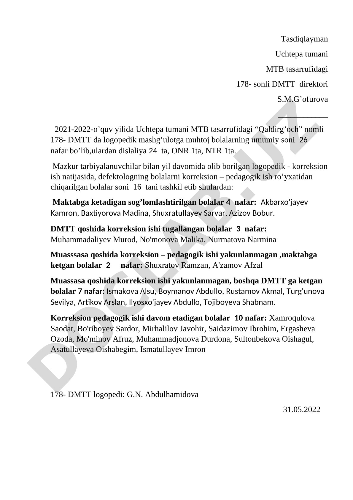 2021-2022-o'quv yilida 178-sonli DMTTda logopedik korreksion ish natijalari