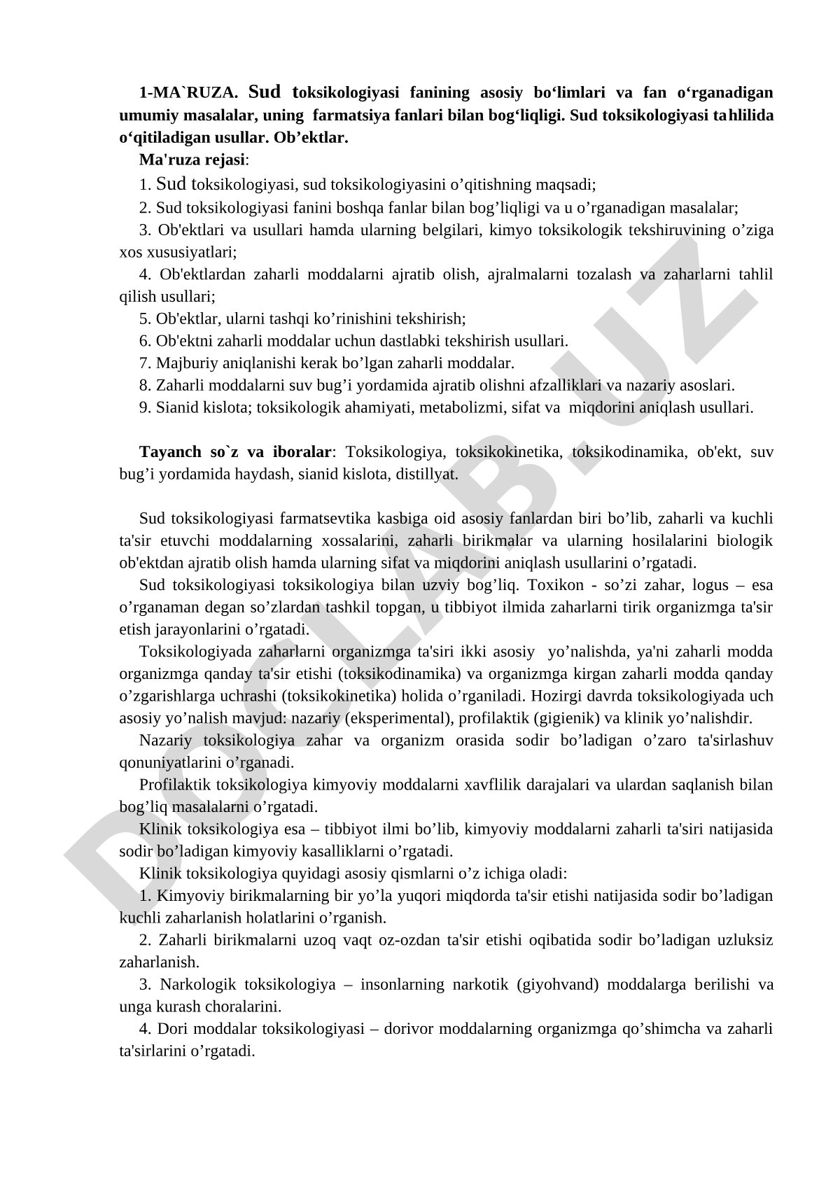 Sud toksikologiyasi fanining asosiy bo'limlari va umumiy masalalar