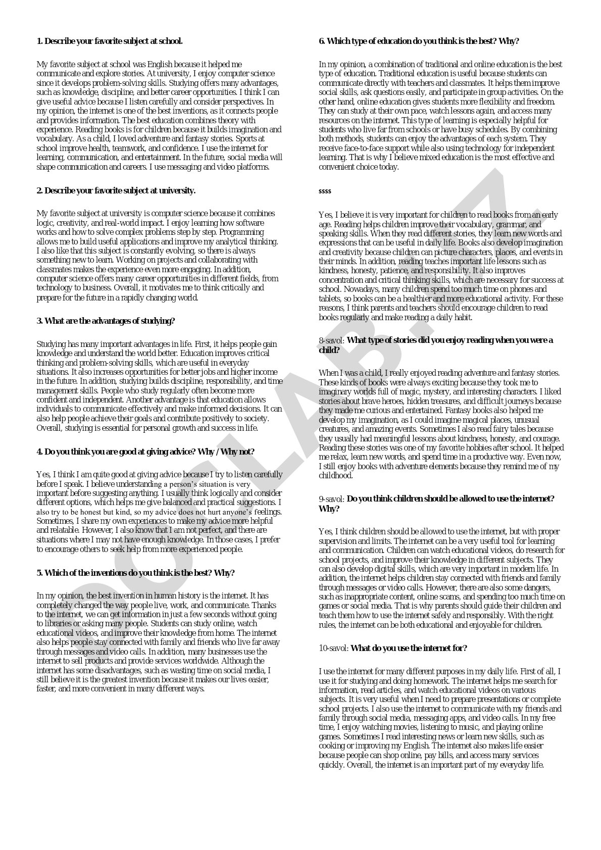 My favorite subjects and opinions on education and internet