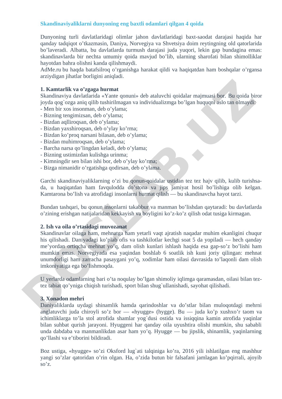 Skandinaviyaliklarni dunyoning eng baxtli odamlari qilgan 4 qoida