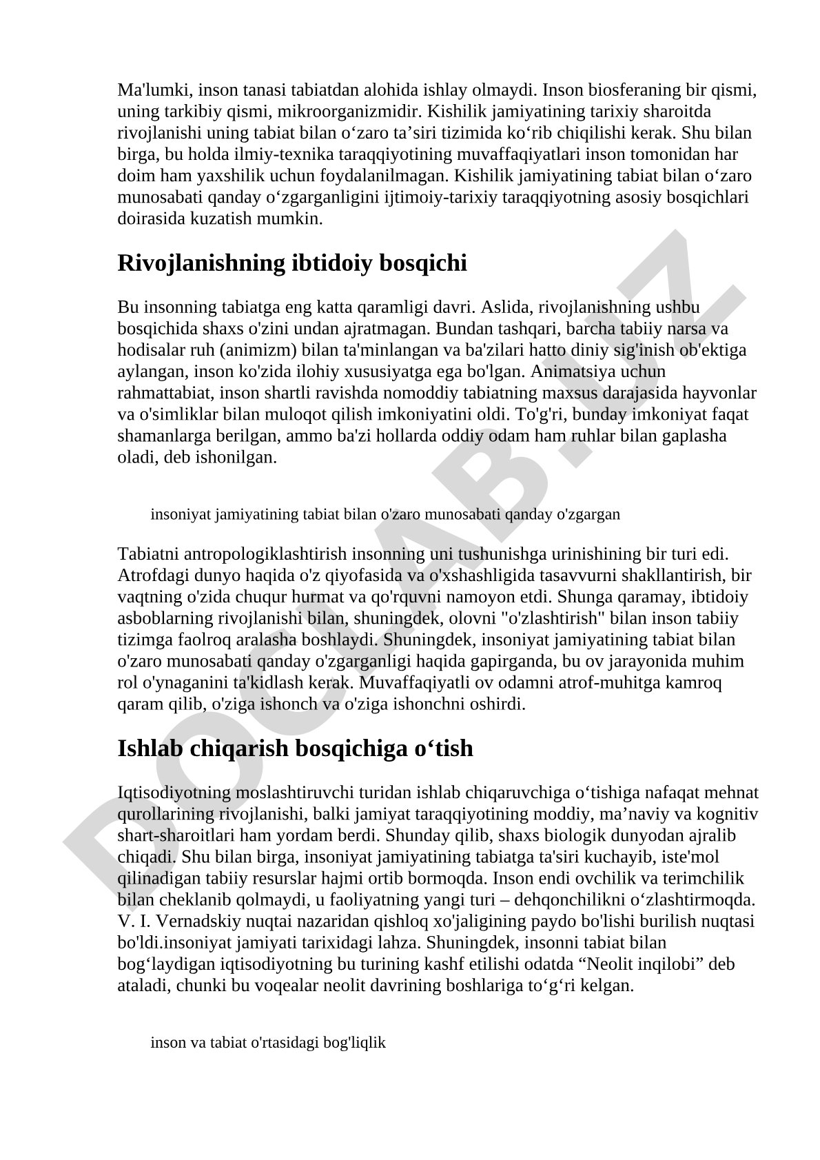 Inson va tabiat o'zaro munosabati tarixiy taraqqiyot bosqichlarida