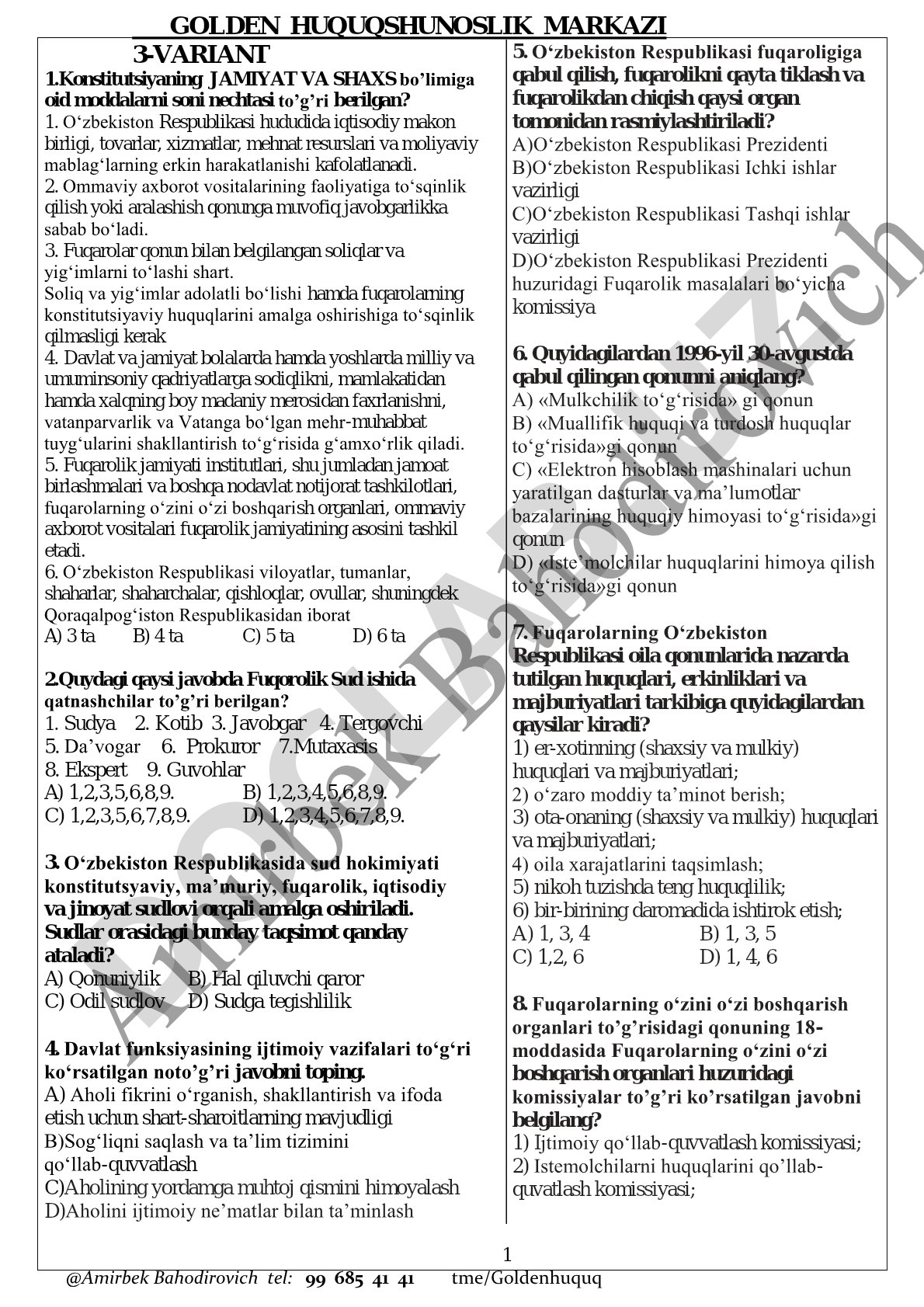 Konstitutsiyaning Jamiyat va shaxs bo'limi moddalari bo'yicha test savollari